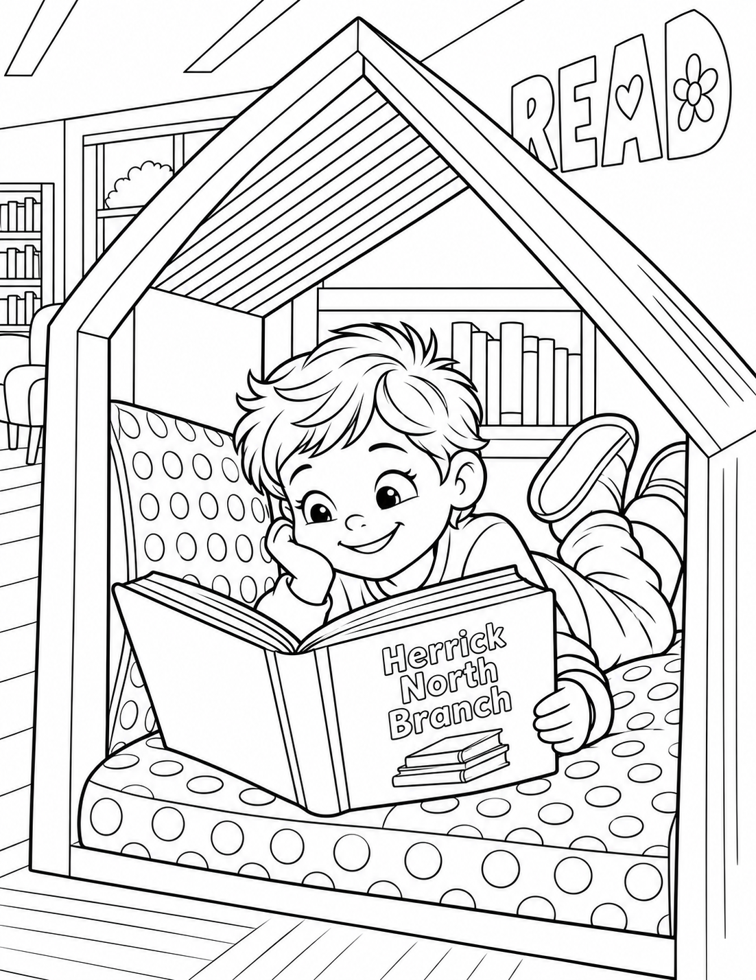 The viewer looks closely through the wide peaked wooden frame of North's house-shaped reading nook. One child lies comfortably on the cushion with their book propped open, chin resting on one hand. The huge sloping beams frame the quiet face, and a few book spines are visible behind. Use broad cushions and open white wood surfaces without grain texture.