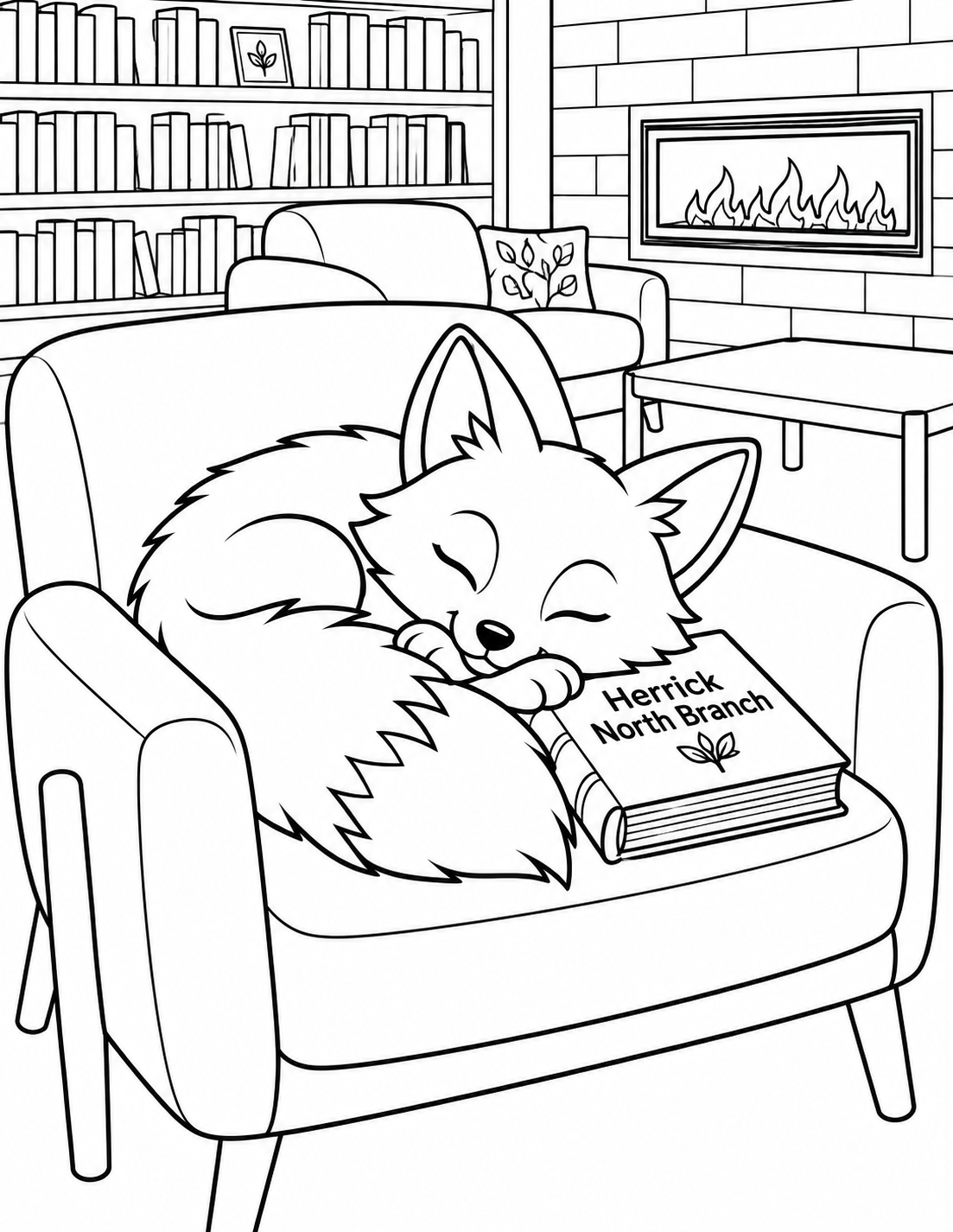 One small fox visitor is curled asleep in North's broad upholstered armchair, its large bushy tail wrapped around its body and a closed library book tucked beside its paws. The actual inset horizontal fireplace and a low white table sit behind. The fox's rounded sleeping shape carries the page; flames remain safely within the fireplace glass.