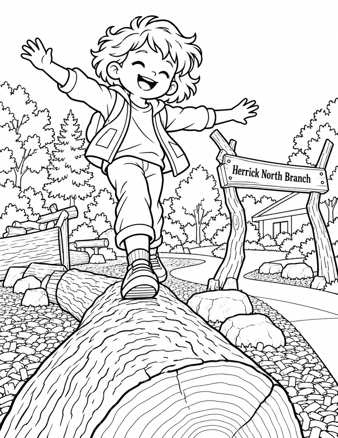 At log height, a child with arms stretched wide balances along one broad, low natural log in North's playscape. The log fills the foreground and leads toward the child's delighted expression. The photographed rustic entry arch, stones and wood-chip ground form the background. Keep the whole child visible and the log close to the ground.