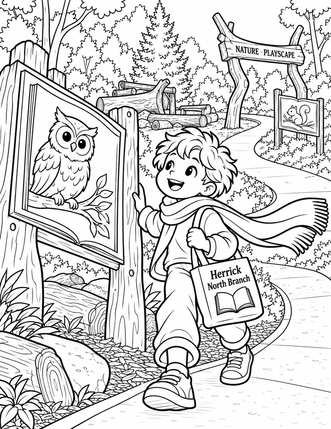 A child pauses at one simple StoryWalk station outdoors, one hand resting on its wood post while a long broad scarf curves behind them toward the winding path. A second station sits farther away among trees. The open story panel contains a large original owl drawing, no text. The child's forward-looking expression connects reading and the next adventure.
