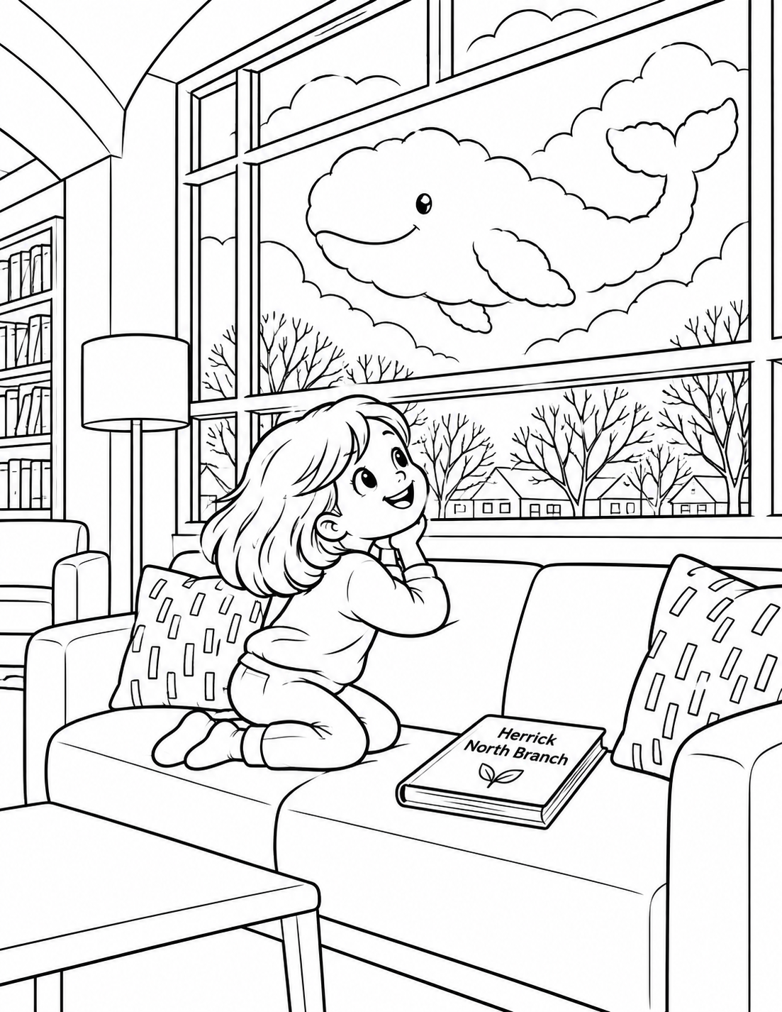 A child kneels sideways on North's long sofa beneath the broad photographed windows, gazing at one enormous whale-shaped cloud outside. The cloud has a soft scalloped outline and a friendly eye, while simple sky lines surround it. The child's closed book rests on the cushion. Cozy furniture contrasts with expansive imagined weather; no whale enters the room.