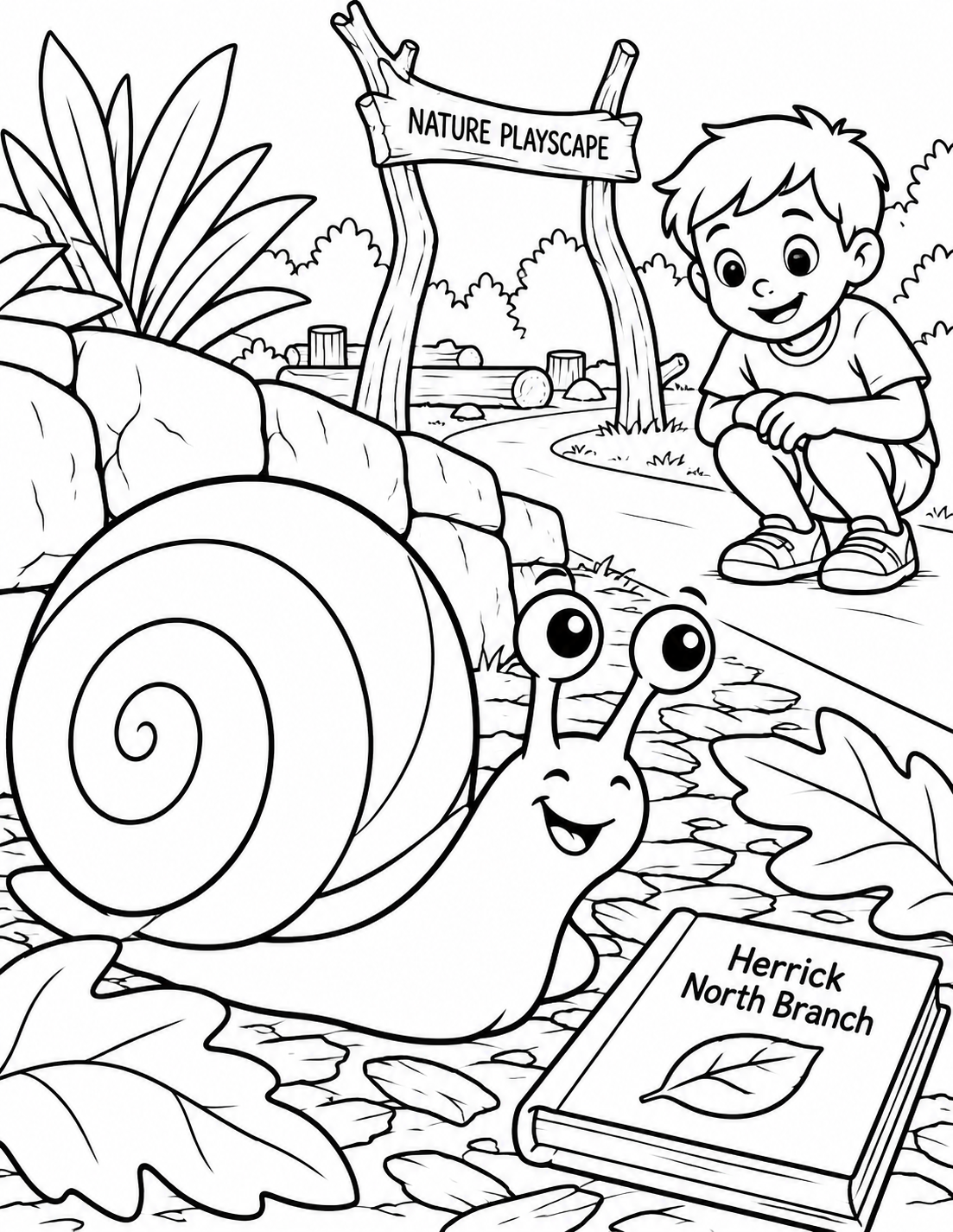 A friendly snail with an enormous spiral shell inches beside North's playscape stone edging. View almost at ground level, with the shell filling the foreground and the rustic wood entry arch small behind. A child crouches in the distance to watch without touching it. Use one clear spiral and broad leaf shapes, no stippling or slime shading.