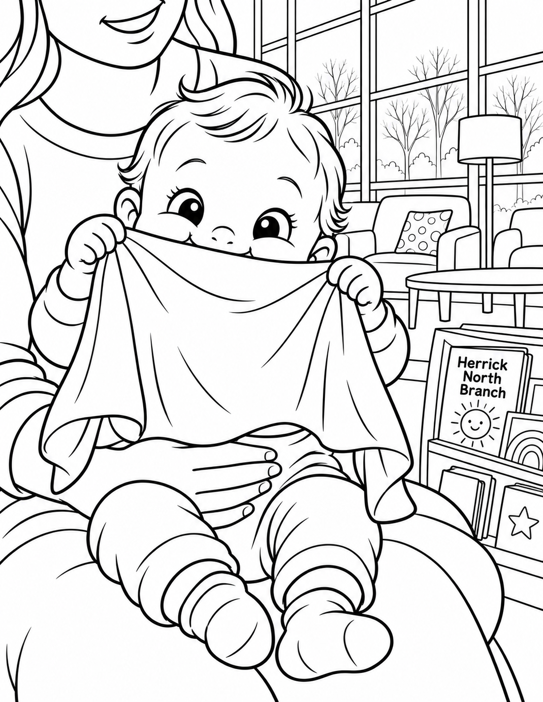 Close view of a giggling baby on a caregiver's lap at North storytime, peeking over one broad cloth held gently below the nose. Two tiny hands grasp the cloth's top corners while the caregiver supports the waist. The baby's round eyes and cheeks are the attraction. North's broad windows and simple low shelf appear behind, with no extra spectators.