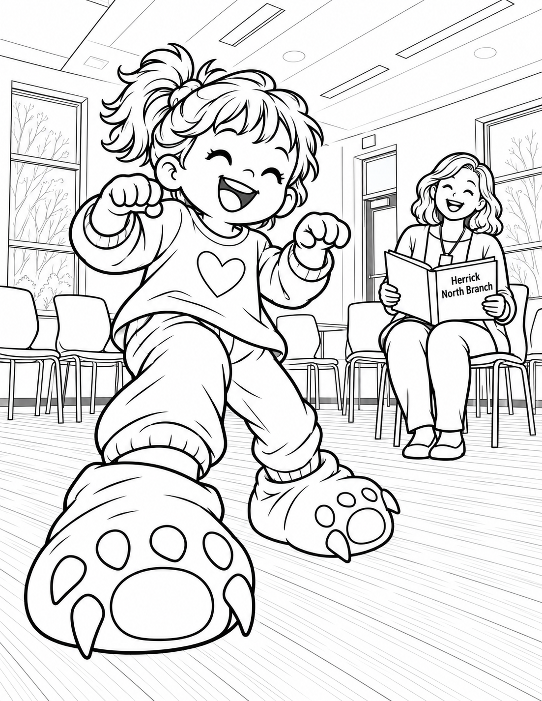 One preschooler wearing simple oversized paper bear paw slippers takes an exuberant pretend-bear step during storytime, arms bent like gentle paws and face delighted. The big slippers dominate the lower foreground. A seated librarian holds a plain book behind, small. North's photographed open program room stays uncluttered; no real bear or puppet stage.