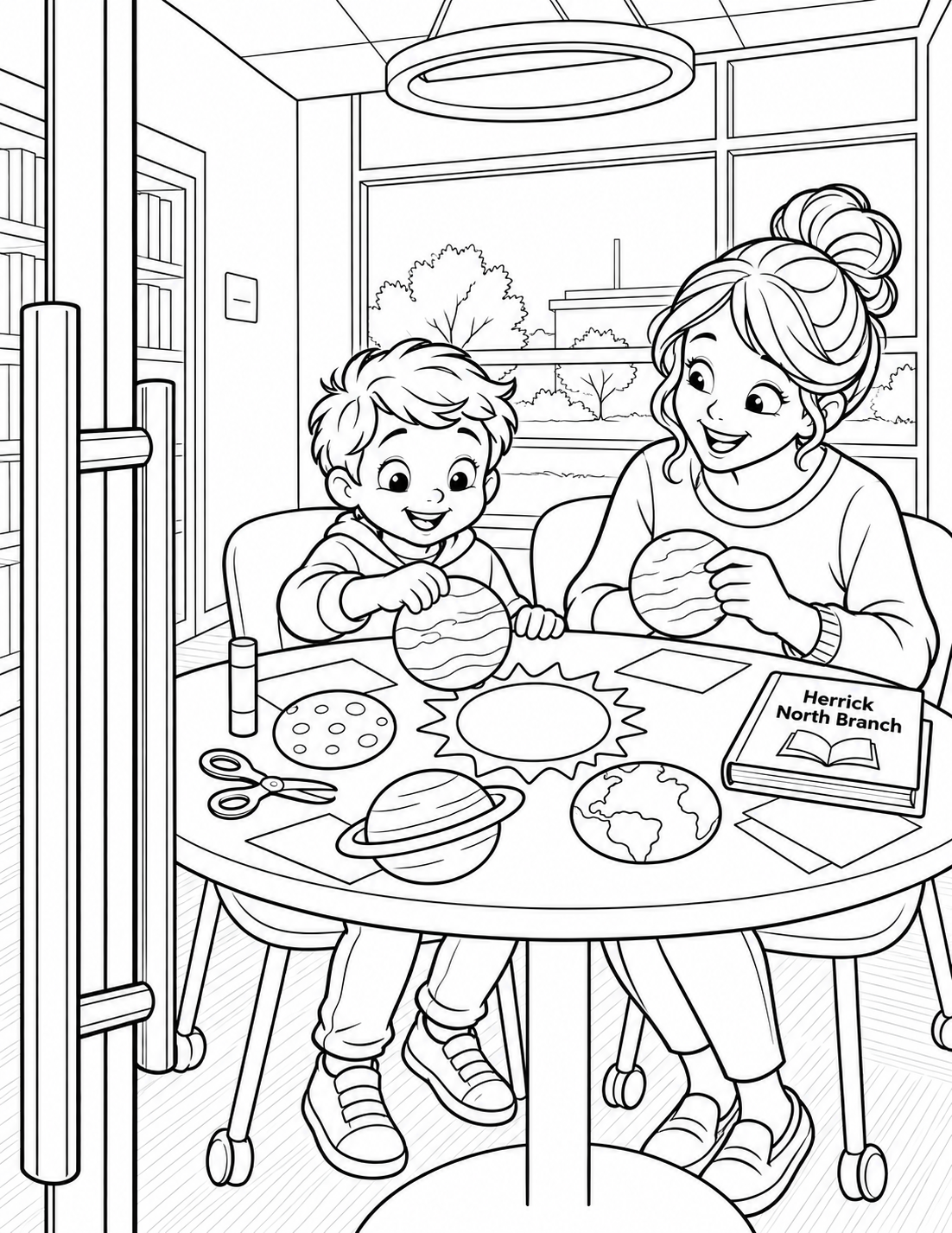 Seen through North's glass study-room doorway, a child and caregiver arrange five broad paper planets around a round tabletop sun. The paper circles echo the room's circular table and overhead ring light. The child's absorbed expression is visible between planets. Keep the glass entirely clear with no reflection; this is imagined crafting in the documented reservable room.