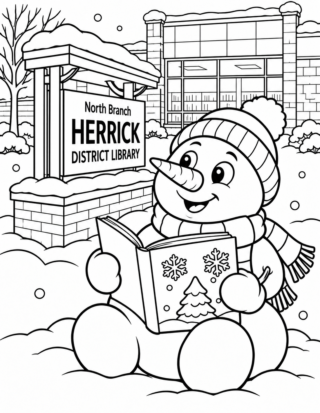 A plump snowman visitor with a broad scarf and carrot nose sits beside North's actual roofed library sign, holding an open picture book in mitten-like twig ends. Light snow caps the sign roof and the stone facade behind. The snowman's delighted sideways glance is the attraction. Use simple snow contours and a few flakes, no gray sky or crosshatching.