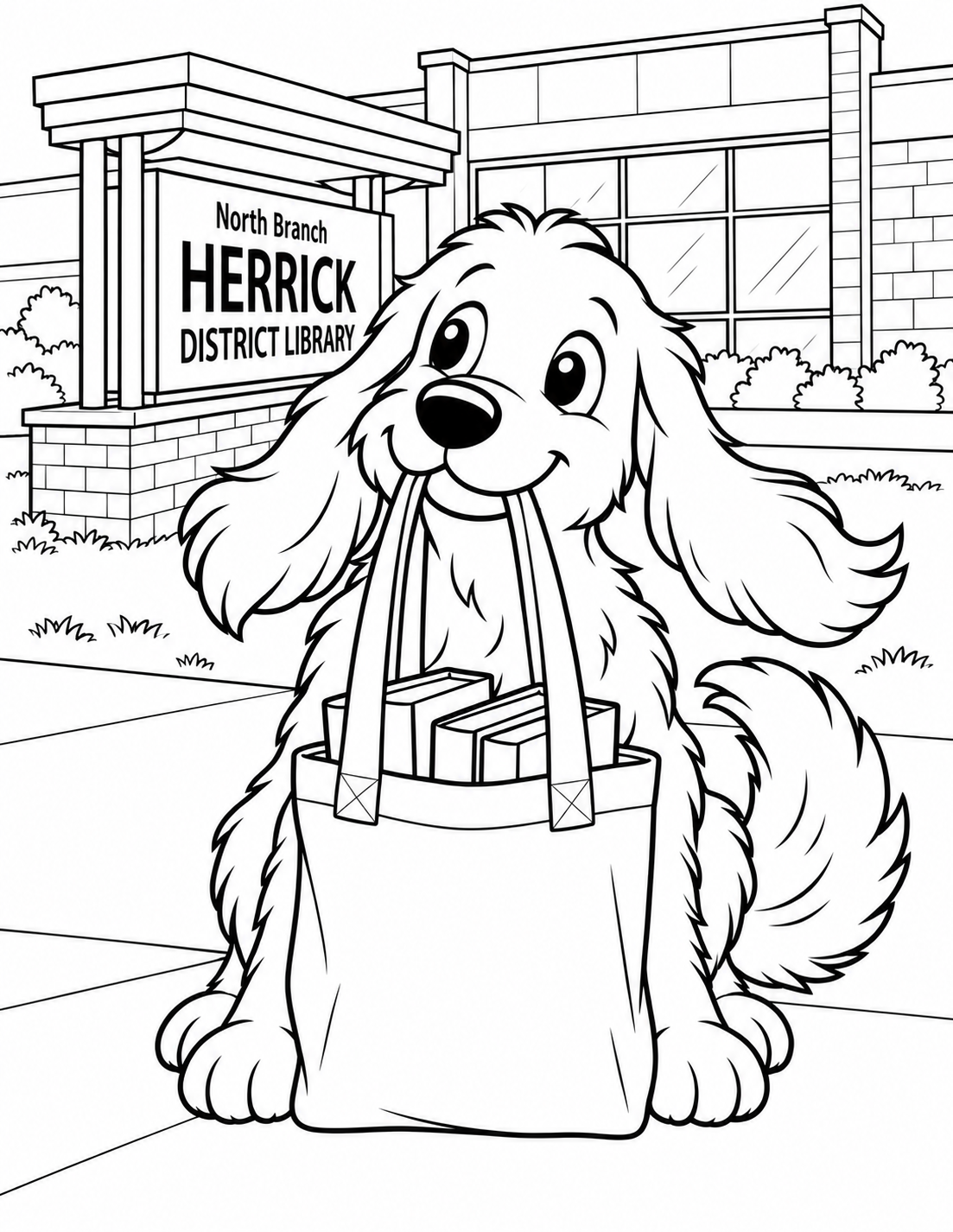 A shaggy friendly dog sits patiently on the sidewalk outside Herrick North, holding the two handles of a library book tote gently in its mouth. Long floppy ears lift slightly in a breeze; eyes look warmly toward the entrance. A few broad blank book spines peek from the tote. Show the entire sitting dog, both front paws, curled tail and the tote resting safely on the ground between its paws. View from the dog's eye height so face and long ears dominate. Behind, keep the real canopy sign, stone base and large facade windows from the source photo recognizable, simply outlined and smaller than the dog. No human, giraffe or return-slot action.