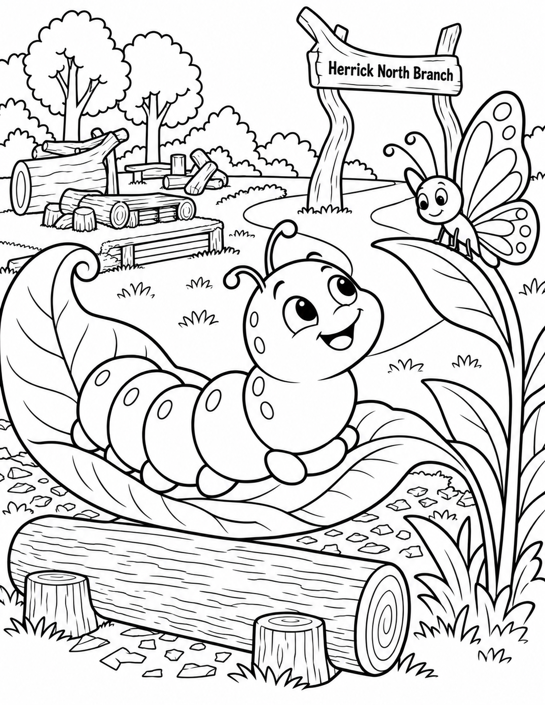 A cheerful caterpillar with five broad rounded body segments lounges on one curled leaf beside a low log bench in North's nature playscape. Its head tilts upward toward a butterfly resting on a nearby stalk. The leaf makes a generous scoop-shaped seat. The rustic playscape arch establishes location behind; no reading prop or additional insect crowd.