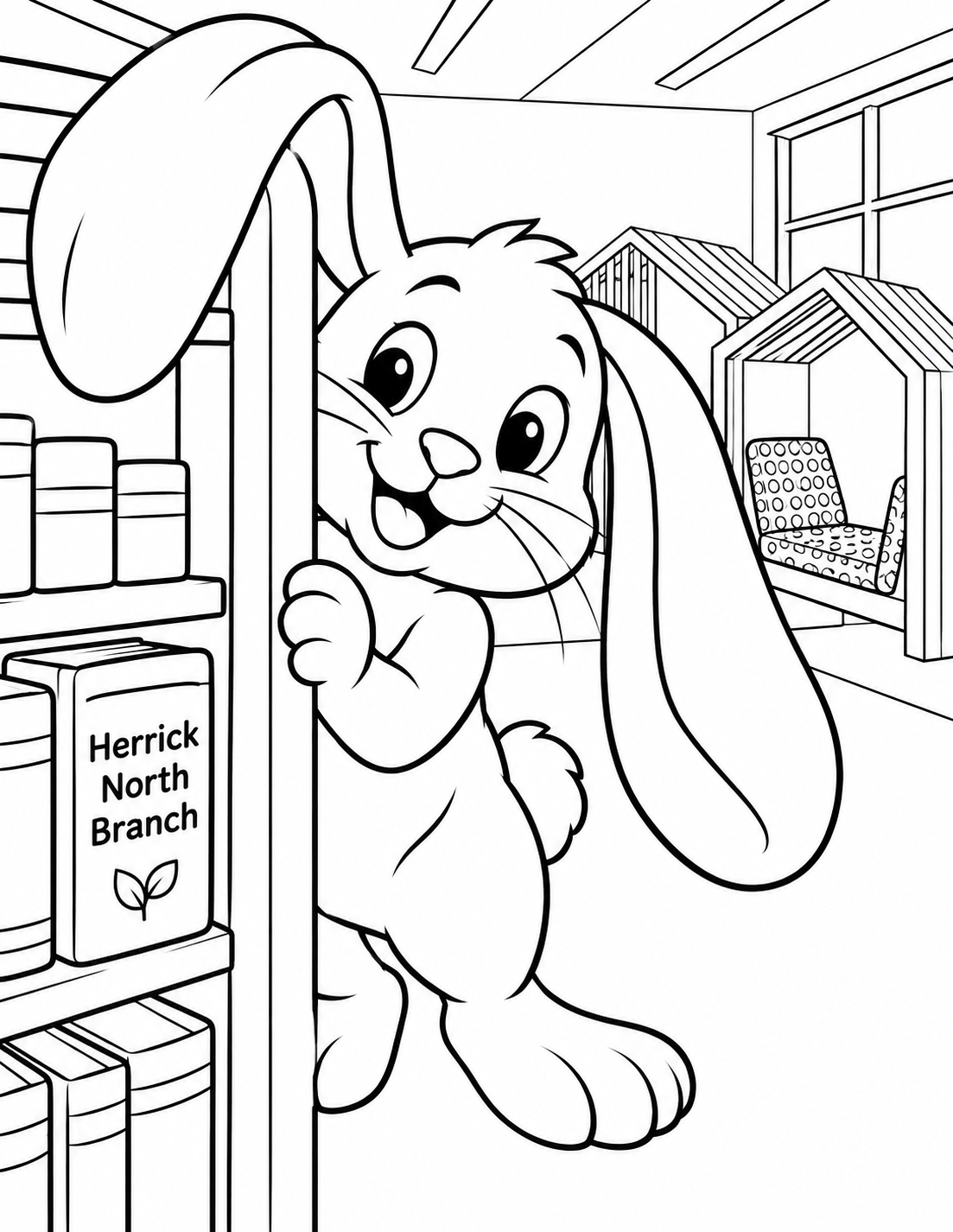 One playful rabbit visitor peeks around the rounded end of a North library shelf, its two enormous floppy ears draping on opposite sides of the wood end panel. The curious face and ears dominate the close portrait. A few low, broad book spines and the distant photographed timber reading nook establish setting. Keep the rabbit body complete beside the shelf.