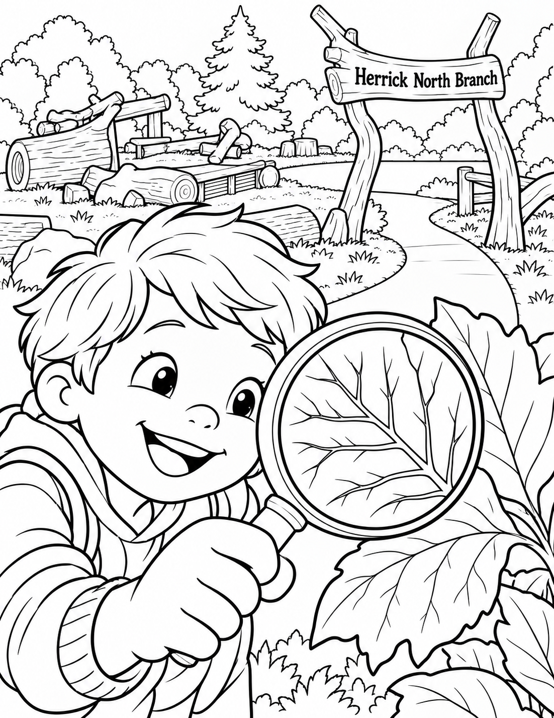 A child holds a large magnifying glass close to one broad leaf at North's rustic playscape entrance. The lens frames only the leaf veins, with the smiling face visible beside it. The photographed natural-wood arch rises behind. Use a strong near-far viewpoint, one magnifier and one leaf; the magnification is a simple clean enlarged detail, not a mirrored image.