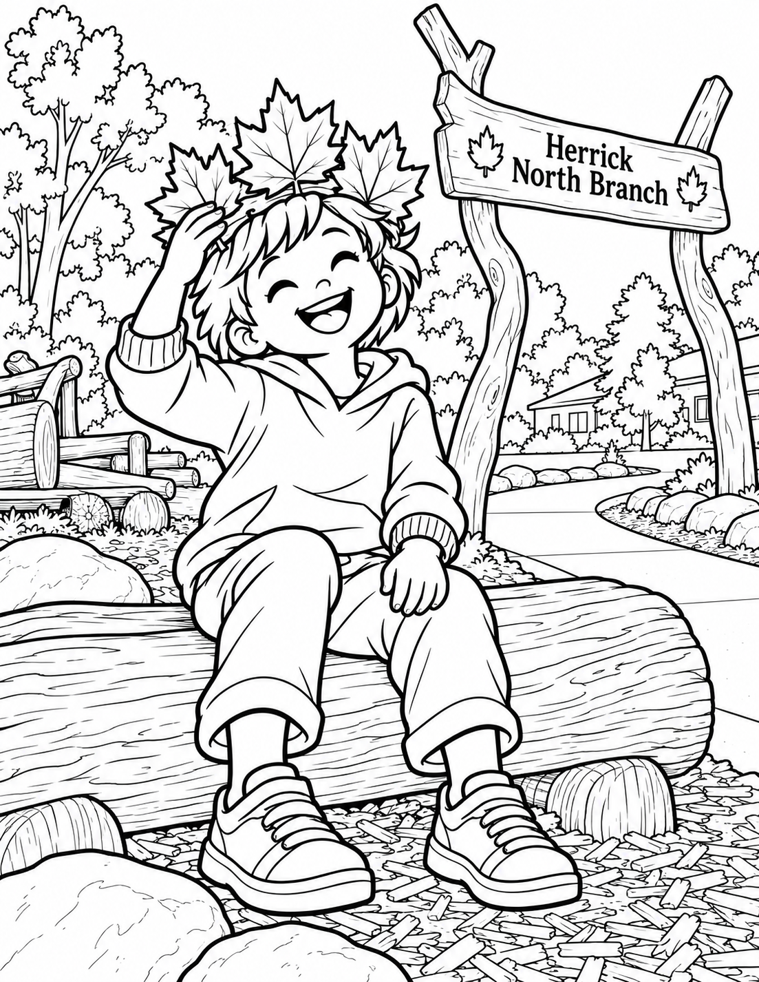A delighted child sits on a low log bench in North’s nature playscape wearing a handmade crown of four broad maple leaves. One hand touches the crown while the other rests on their knee. The leaf points and proud expressive face dominate the portrait, with the complete seated child visible. The photographed rustic entry arch and stone edging stay simple behind. This is invented nature play, with no claim of a special library workshop.