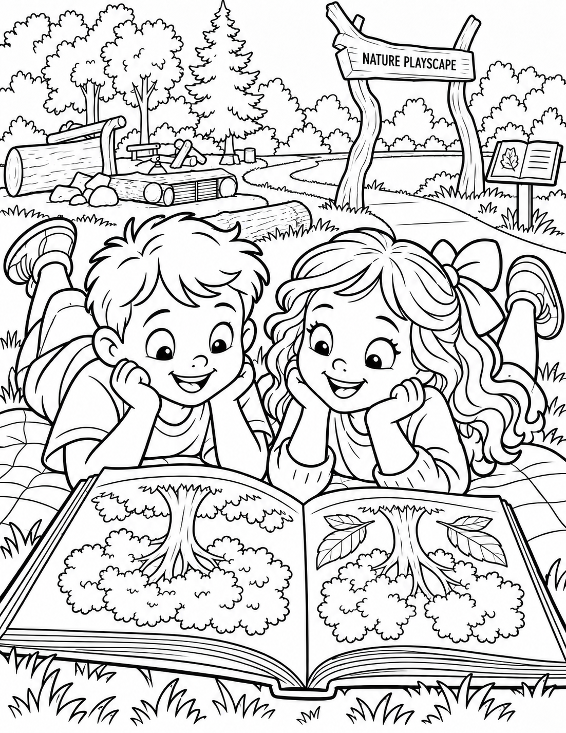 At grass level beside North's StoryWalk, an open picture book lies on a low picnic blanket, its broad original tree illustration in the foreground. Two siblings lie on their stomachs on opposite sides, chins near the book, smiling at the same page. A simple StoryWalk post and rustic playscape arch stand far behind. Big faces and shared discovery carry the picture.
