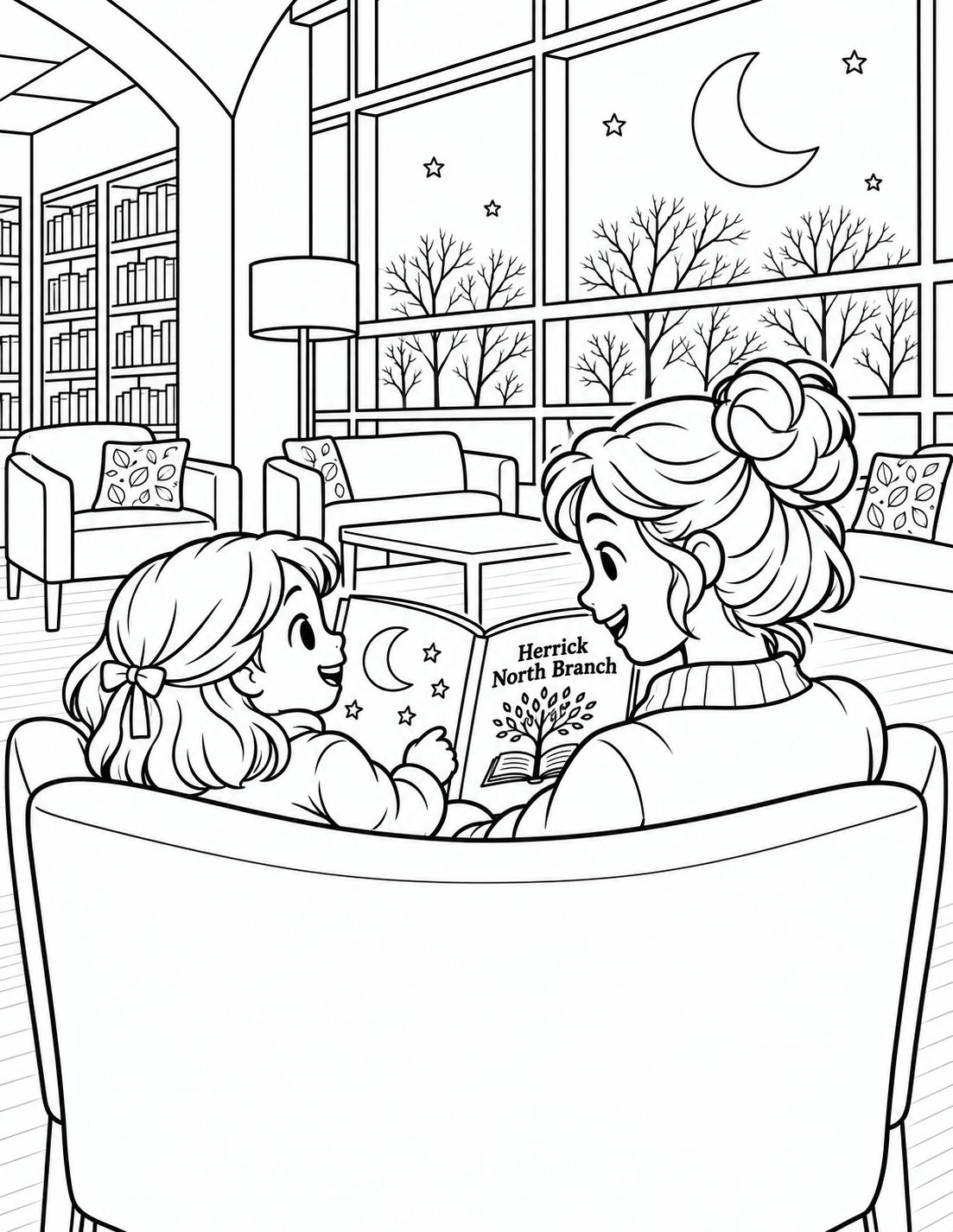 From close behind the curving back of a broad North armchair, see a child and caregiver nestled side by side with one open book between them. Beyond the real tall window grid, a large crescent moon hangs above simple tree silhouettes. The broad chair encloses the pair, making the night reading cozy. Keep the interior white and unshaded despite evening setting.