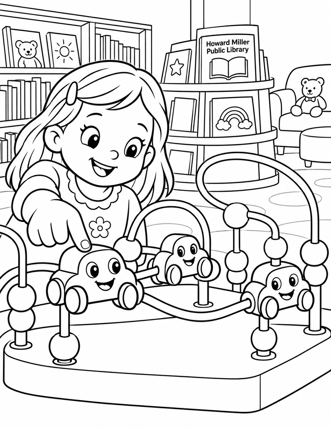 At bead height, three chunky wooden bead cars with friendly faces travel along the library bead-run toy's looping wire tracks. One child's fingertip gently nudges the nearest bead. The bead cars fill the foreground with generous round panels; the toy's solid base and supports are visible, and low library shelves establish the real play area.