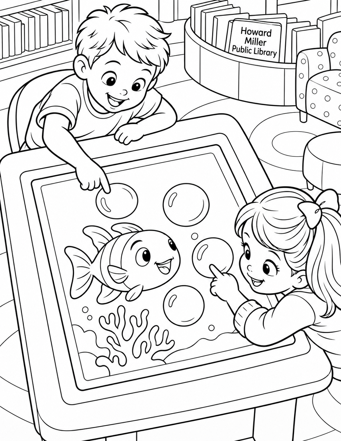 Nearly overhead, Howard Miller's broad electronic game table shows an invented underwater game drawn entirely in black outlines: one big smiling fish, three broad bubbles and a simple coral shape inside the screen. Two children's hands reach from opposite edges toward different bubbles. The table edge and their curious faces frame the screen; no glowing fill or reflections.