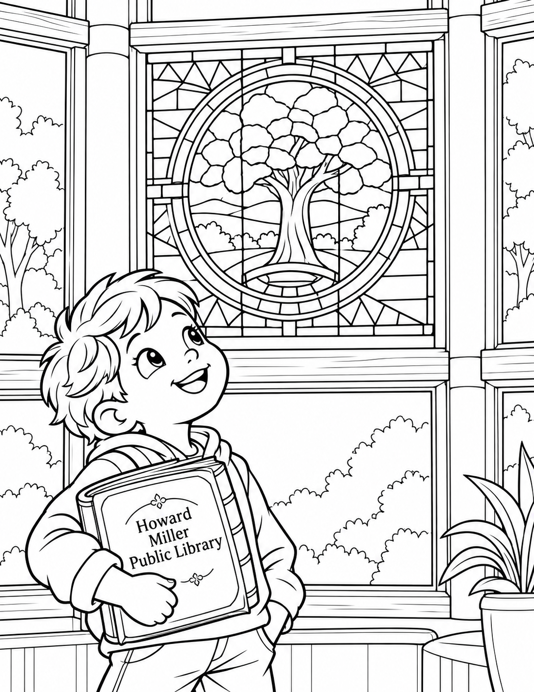 A child with a large round book under one arm stands beside the library's actual stained-glass tree inset, looking upward. The tree panel dominates the upper page among the photographed warm wood window frames; use its broad trunk, green canopy divisions and colorful edge pieces as white outlined panels. Trees outside are simple separate silhouettes. No reflected child.