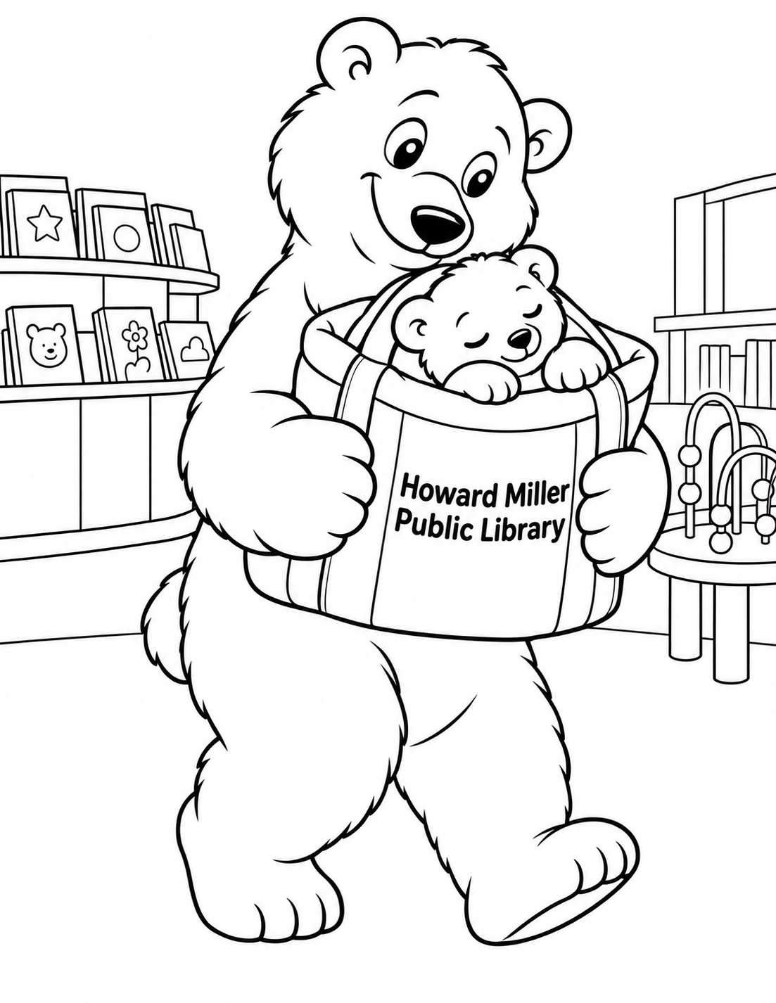 A large friendly polar bear tiptoes softly through the Howard Miller children's room carrying a broad padded tote against its chest with both paws. A tiny sleeping cub curls inside the open tote, head resting safely on its padded rim. The parent bear looks tenderly down at the cub; one rounded foot planted, the other lifted only a little in a cautious step. Show both bears' faces, the tote support and the parent's full body. The pair fills most of the portrait in three-quarter view. Behind, simplify the photographed circular face-out book display and bead-play table to recognizable sparse contours. This is an invented storybook visitor, not a claim of animals in the library.
