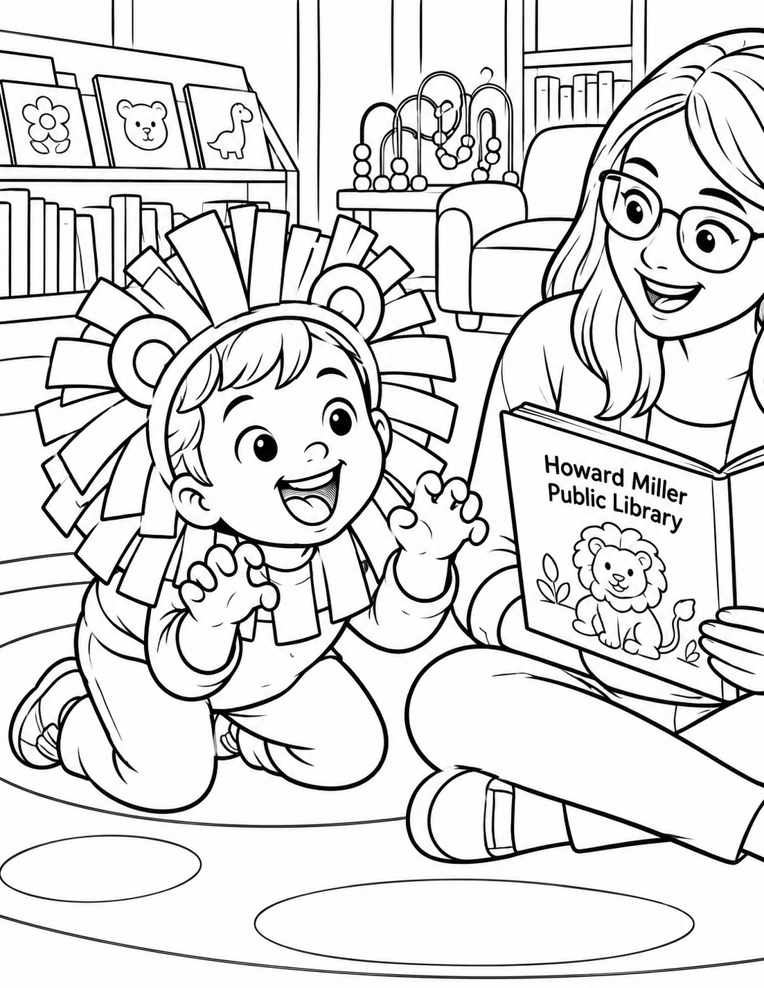 A preschooler wearing a large handmade paper lion mane crouches playfully on the Children's Program Room rug, mouth open in a gentle pretend roar. One seated grown-up holds the storybook nearby, smiling. The round mane and expressive face dominate the close low view. The library room remains simple because its exact furnishings are not separately photographed.