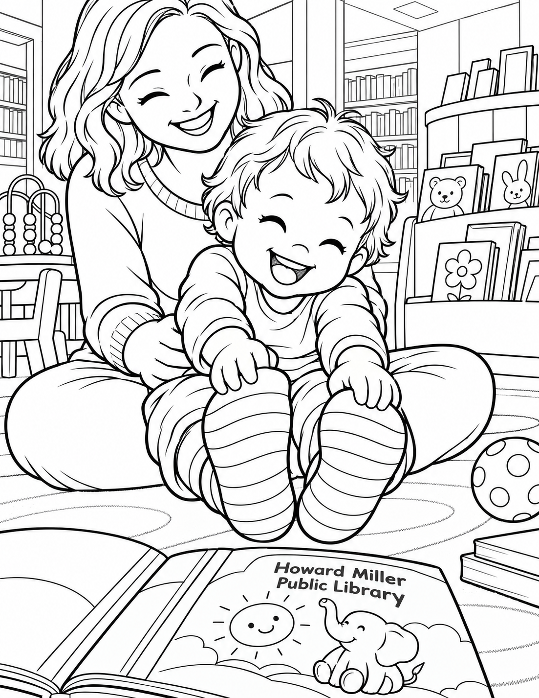 Close, joyful view of a toddler on a grown-up's lap curling forward to touch their own two round socked feet during a nursery rhyme. The toddler's delighted face and big striped socks are the focal shapes; grown-up arms support the torso naturally. A low children's book display hints at the real library behind, with no ornate arched window.