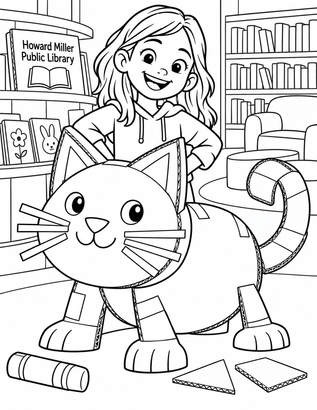 A tween proudly stands behind their invented cardboard cat sculpture: broad triangular ears, an oval body, four stout feet and a curled strip tail. View it at cat-eye height so the playful sculpture fills the foreground while the child's grin peeks above. A glue stick and two cardboard offcuts are enough to establish making; plain library shelves remain behind.