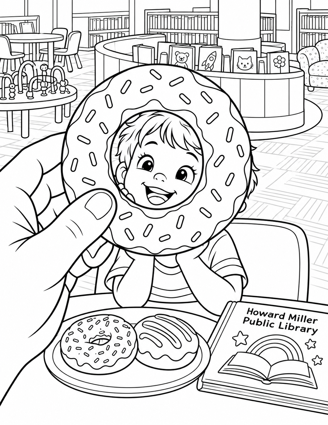 One grown-up holds a big ring donut close to the viewer so its broad icing ring frames a child's delighted face across a library snack table. Two spare donuts sit on a plate below. The photographed curved children's book-display counter appears behind, small and clear. This is an imagined moment from the real Donuts with Grown-Ups program, not an event advertisement.