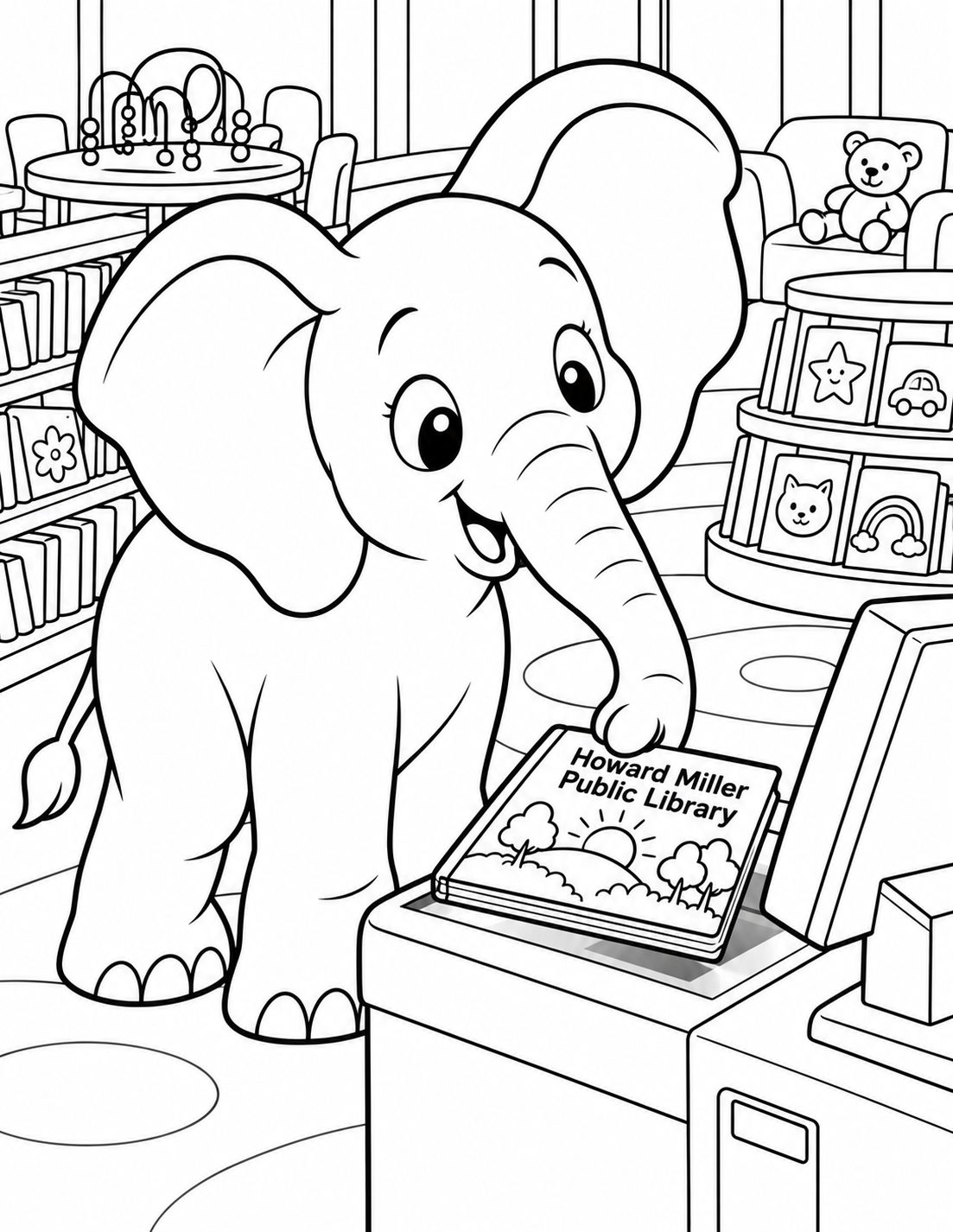 A small friendly elephant calf delicately lowers one picture book onto the library's child-height self-checkout scanner with its trunk. Its large ears and pleased eyes fill the upper half while the photographed simple machine and low children's shelves anchor the setting. The book rests flat on the scanner; no complicated human fingers or receipt text.