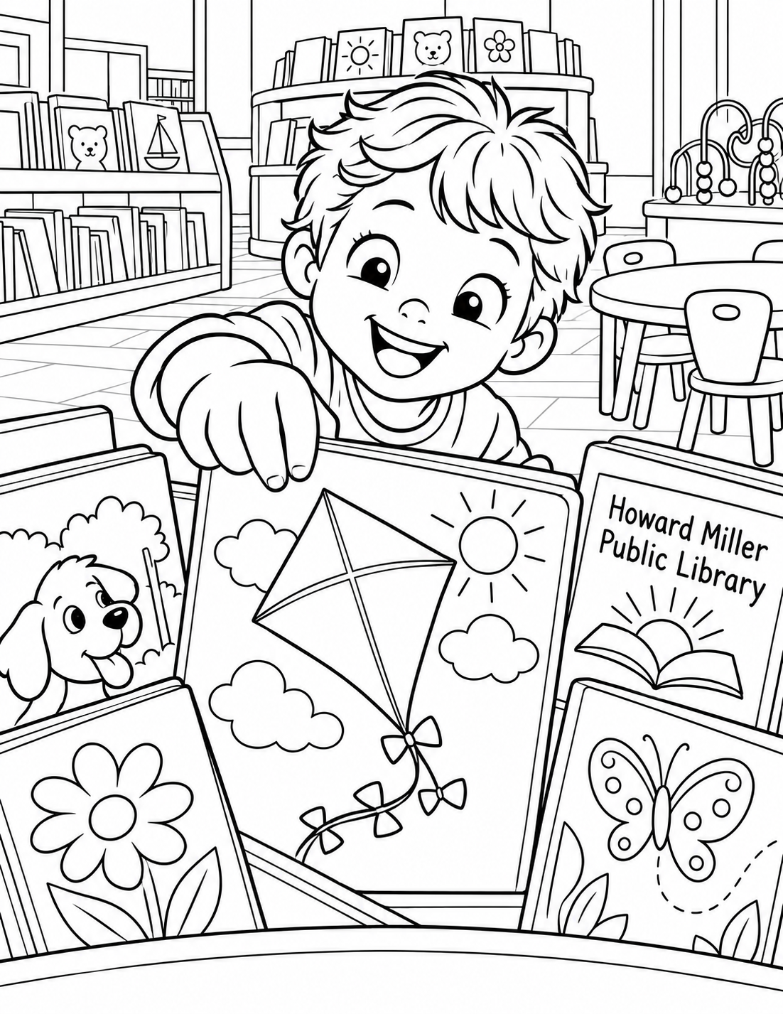 From inside one low picture-book bin, broad book covers form a fan around a child's excited face as they discover a book with a big kite illustration. The child's single reaching hand enters above the bin lip. The real library's low pale shelving and warm wood bins are recognizable behind. Covers are original simple motifs, not reproductions of published books.