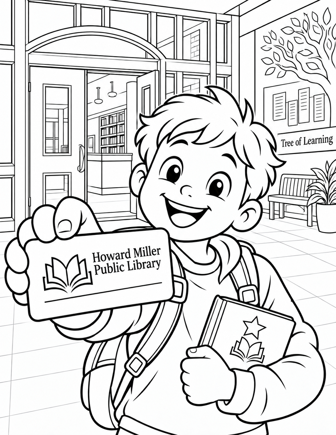 A beaming child stands with a small backpack, proudly holding their first library card close to the viewer. The broad card is large in the foreground and the child's bright expression carries the portrait. Behind them sits the actual wooden glazed Howard Miller entrance, simplified. Keep card details minimal and original; no barcode, personal name or account number.