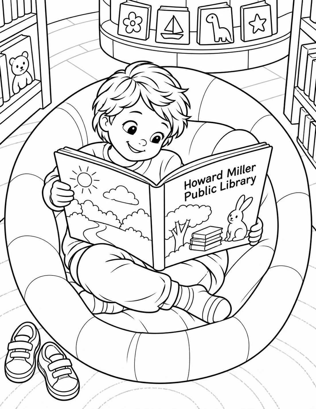 Almost overhead, a child curls sideways into a big rounded upholstered library reading seat, knees tucked comfortably beneath a broad open picture book. The seat wraps around them like a nest; shoes sit neatly on the floor outside it. Sparse bookshelf ends frame the page. The enveloping shape and absorbed expression carry this quiet picture.