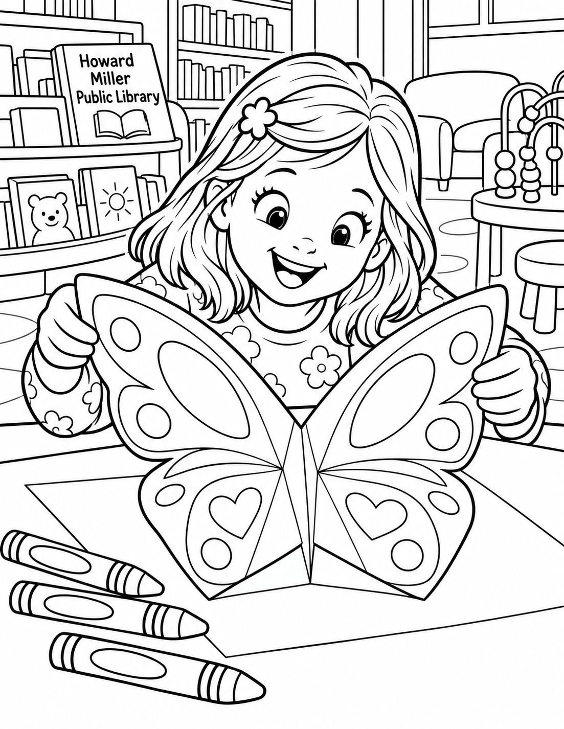 A child at the library coloring station has folded one large paper butterfly so its broad patterned wings lift from a flat sheet. Seen close from the tabletop, the paper butterfly dominates while the child's delighted face appears beyond it; three thick crayons lie beside the sheet. Wing patterns use only a few large panels with visible paper folds.