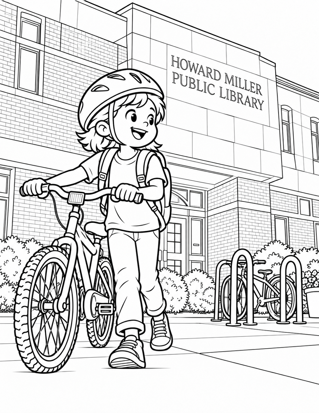 From ground level beside an enormous foreground bicycle wheel, a child wheels their small bike toward Howard Miller's actual rack. The light stone and brick facade, recessed glazed entrance and trimmed shrubs rise behind. The child wears a simple helmet and has one foot on the pavement. Broad tire rings and the building's stone panels reward coloring.