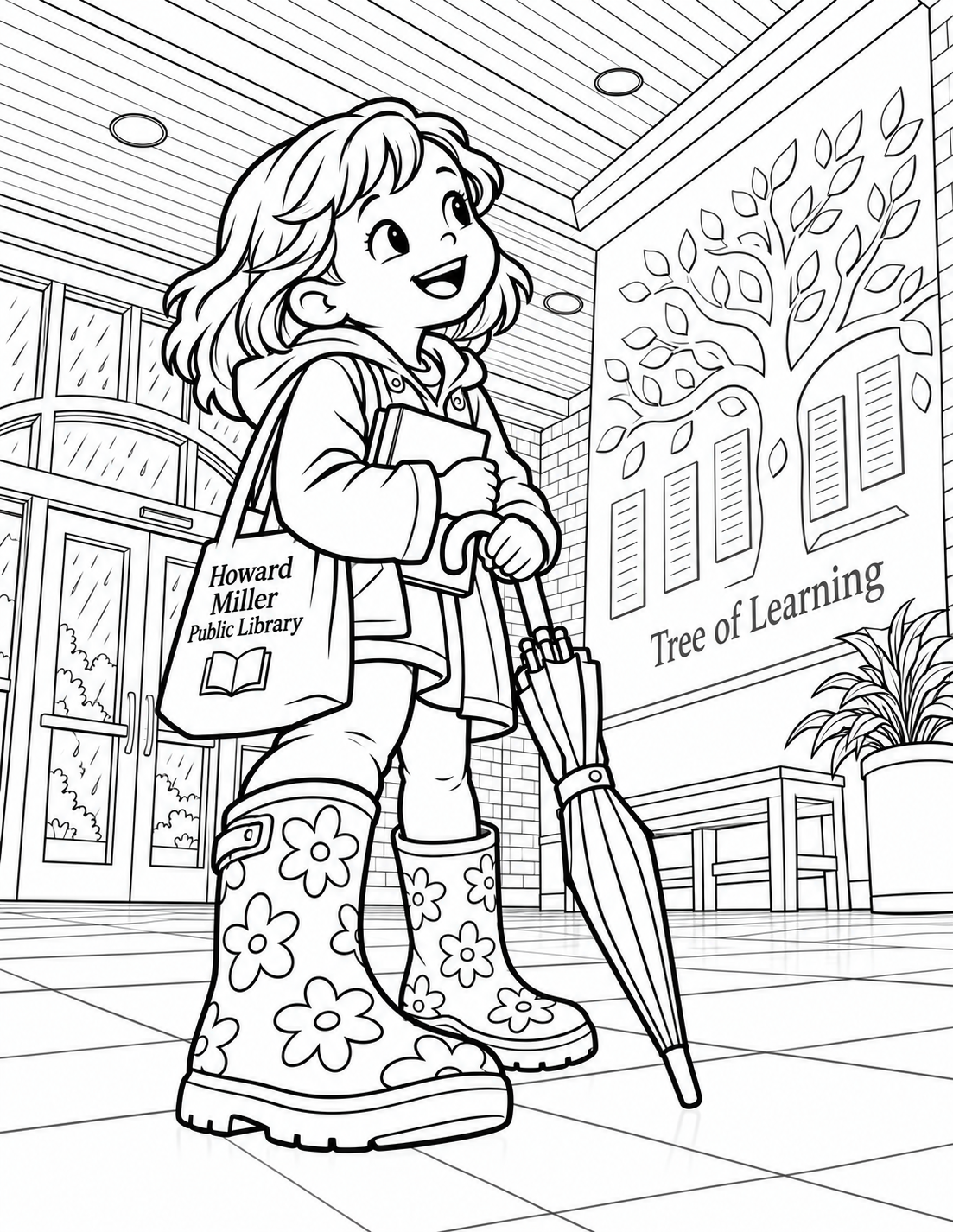 A low close view of a child's big patterned rain boots on the lobby tile, with a neatly closed umbrella resting against their leg. Their curious smiling face appears above, looking toward the photographed Tree of Learning wall. The wood ceiling, brick walls and glazed doors frame a cozy dry interior while simple rain strokes stay outside the doorway.
