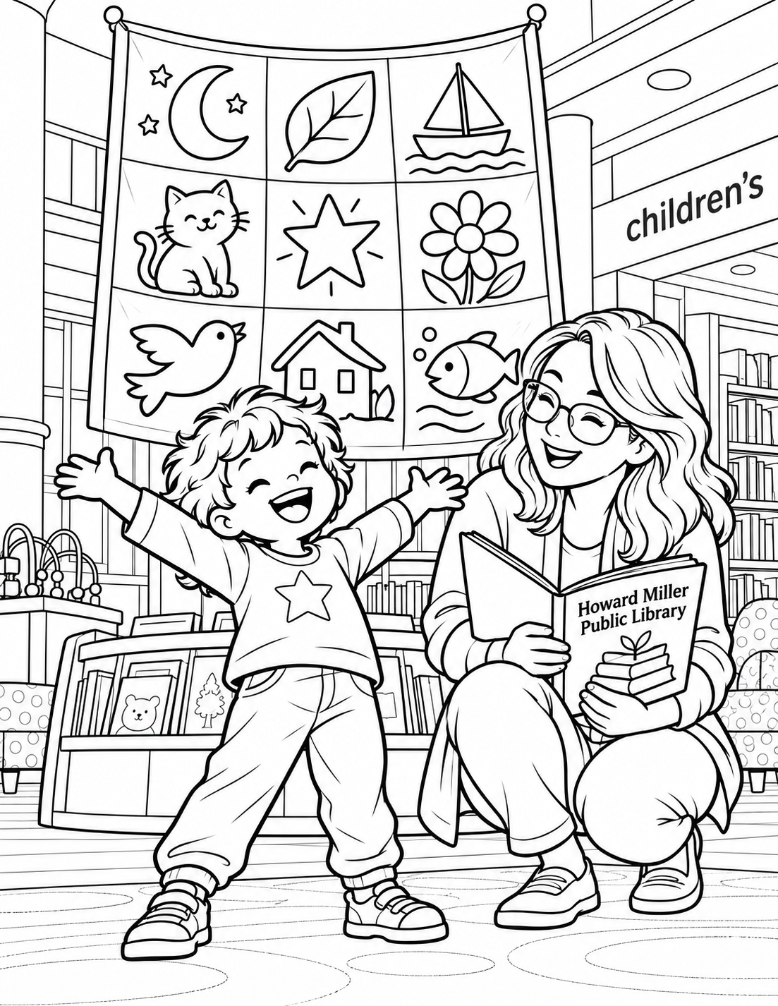 A preschooler stretches both arms wide before a big patchwork banner of nine broad story-icon squares: moon, leaf, boat, cat, star, flower, bird, house and fish. Their delighted whole-body pose celebrates many books read. A grown-up crouches beside them holding one favorite book. Keep the library's low display shelf behind; the banner is an imagined milestone celebration.