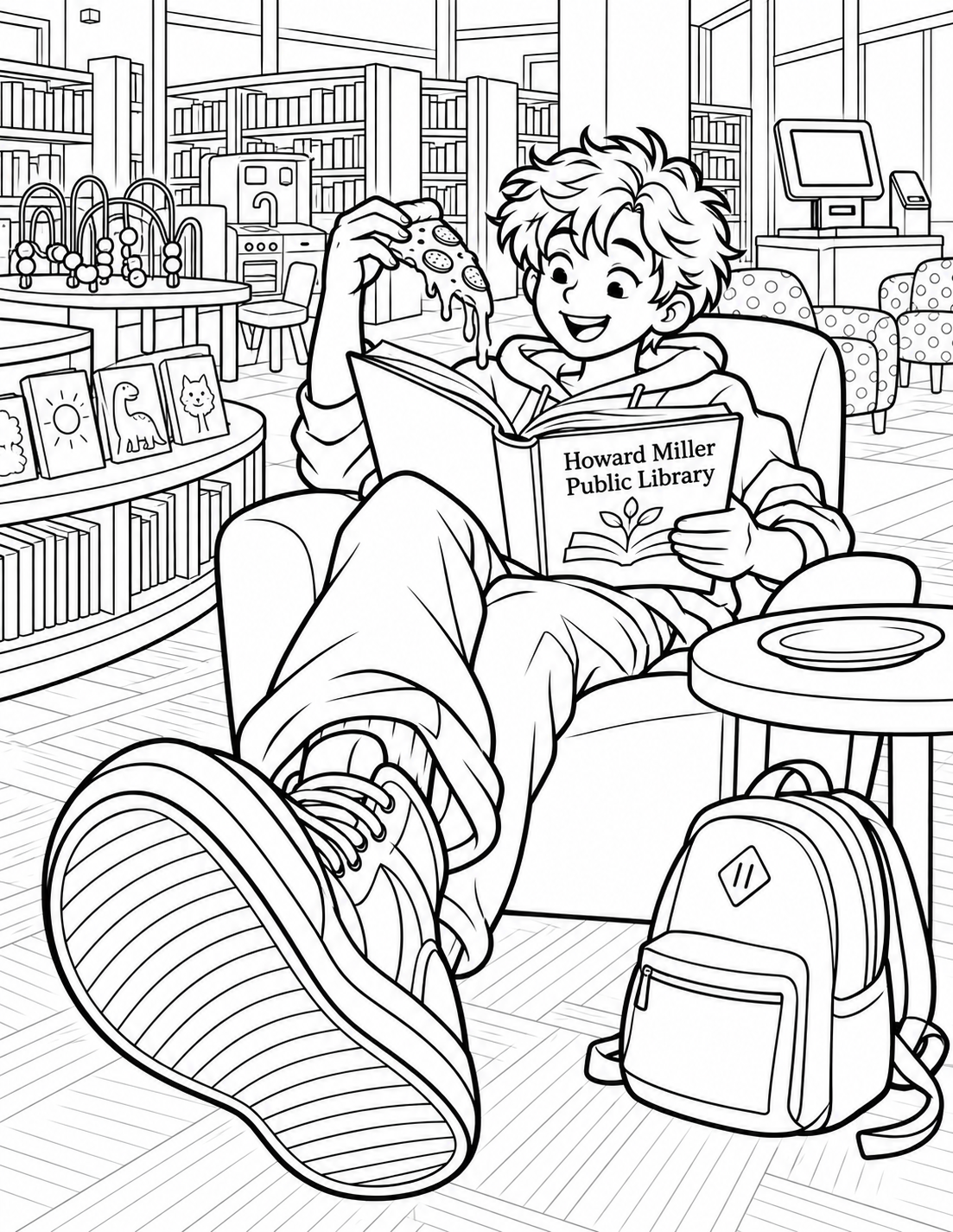 A lanky teen lounges comfortably in a library chair, knees stretched forward, so absorbed in a big open book on their lap that a pizza slice pauses midair in one hand. The amused expression and oversized foreshortened sneaker carry the drawing. One plain plate sits on a side table; the documented Pizza and Pages club grounds the imagined moment.