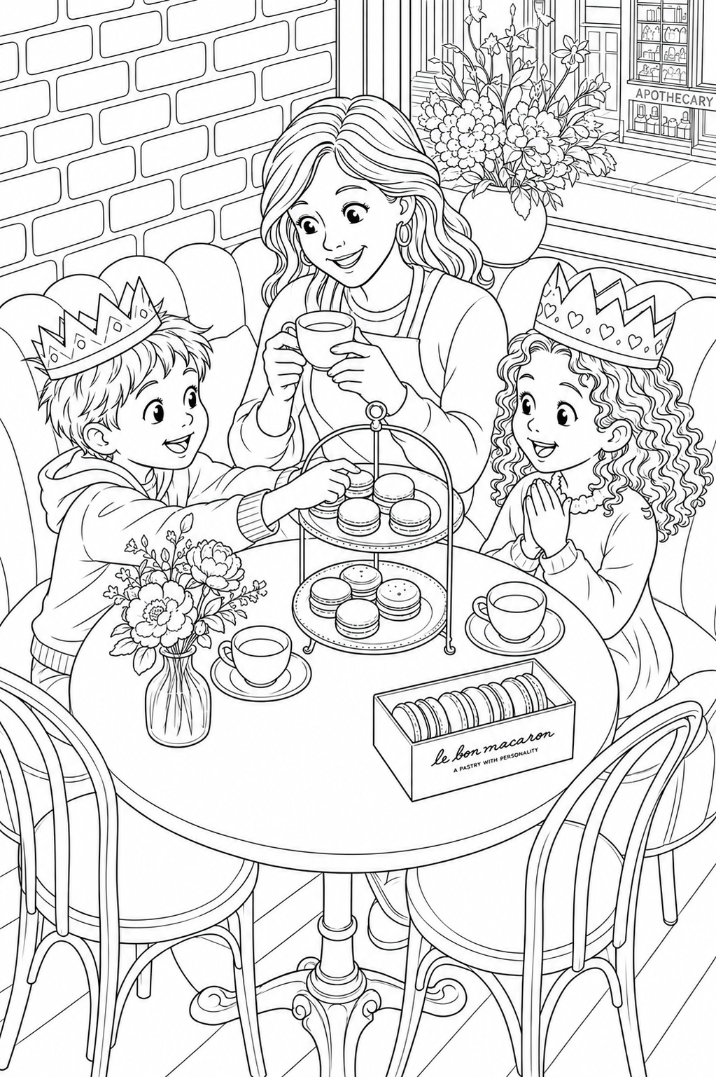 Two crowned children enjoy macarons with a grown-up at a window table in Le Bon Macaron.