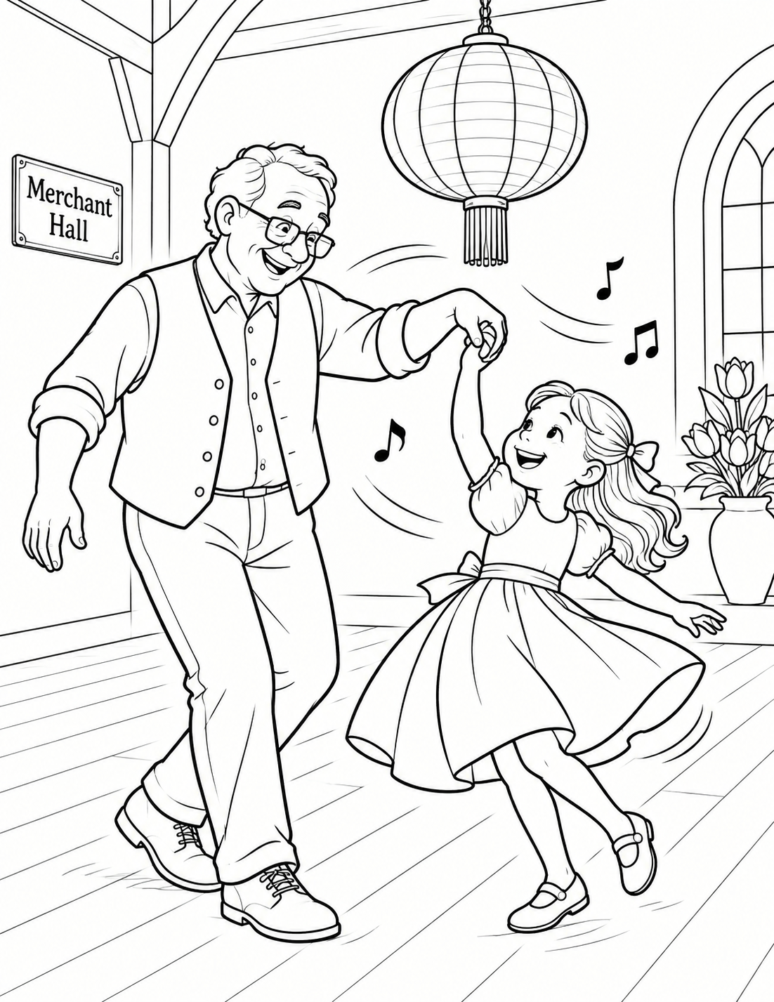 At an imagined Merchant Hall family celebration, a child and grandparent share one joyful dance beneath a hanging lantern.
