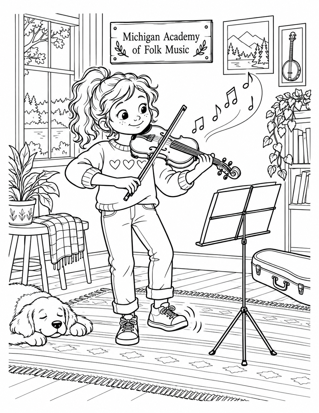 In a small music studio, one child bows a fiddle with the bow clearly contacting the strings as a curved trail of outlined notes rises and the child’s feet tap.