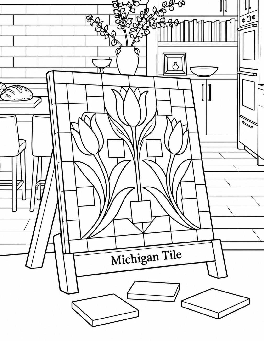 A finished three-tulip tile mosaic rests on a Michigan Tile display easel with loose samples in a kitchen showroom.
