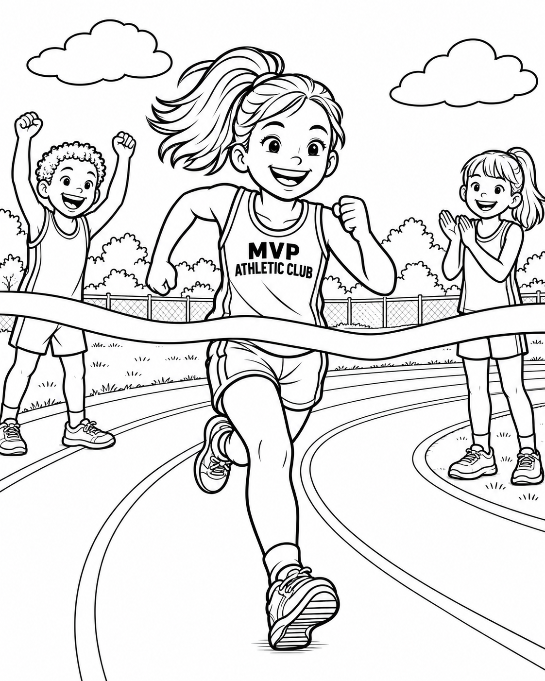 A young runner reaches the finish while teammates cheer in an imagined MVP Athletic Club sports scene.