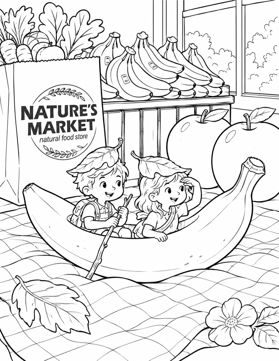Two tiny explorers paddle a banana boat across an imagined tabletop sea at Nature's Market.