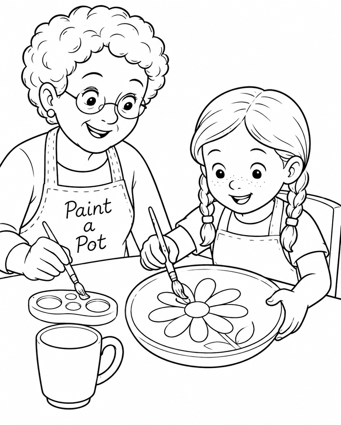 Paint a big daisy on a ceramic plate with a grandmother and child in this scene inspired by Paint a Pot.