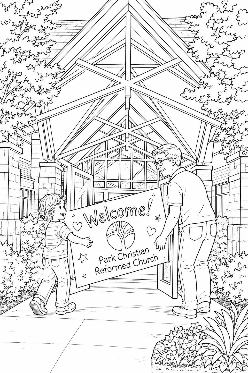 A child and grown-up carry a handmade welcome sign through the Park Christian Reformed Church entrance.