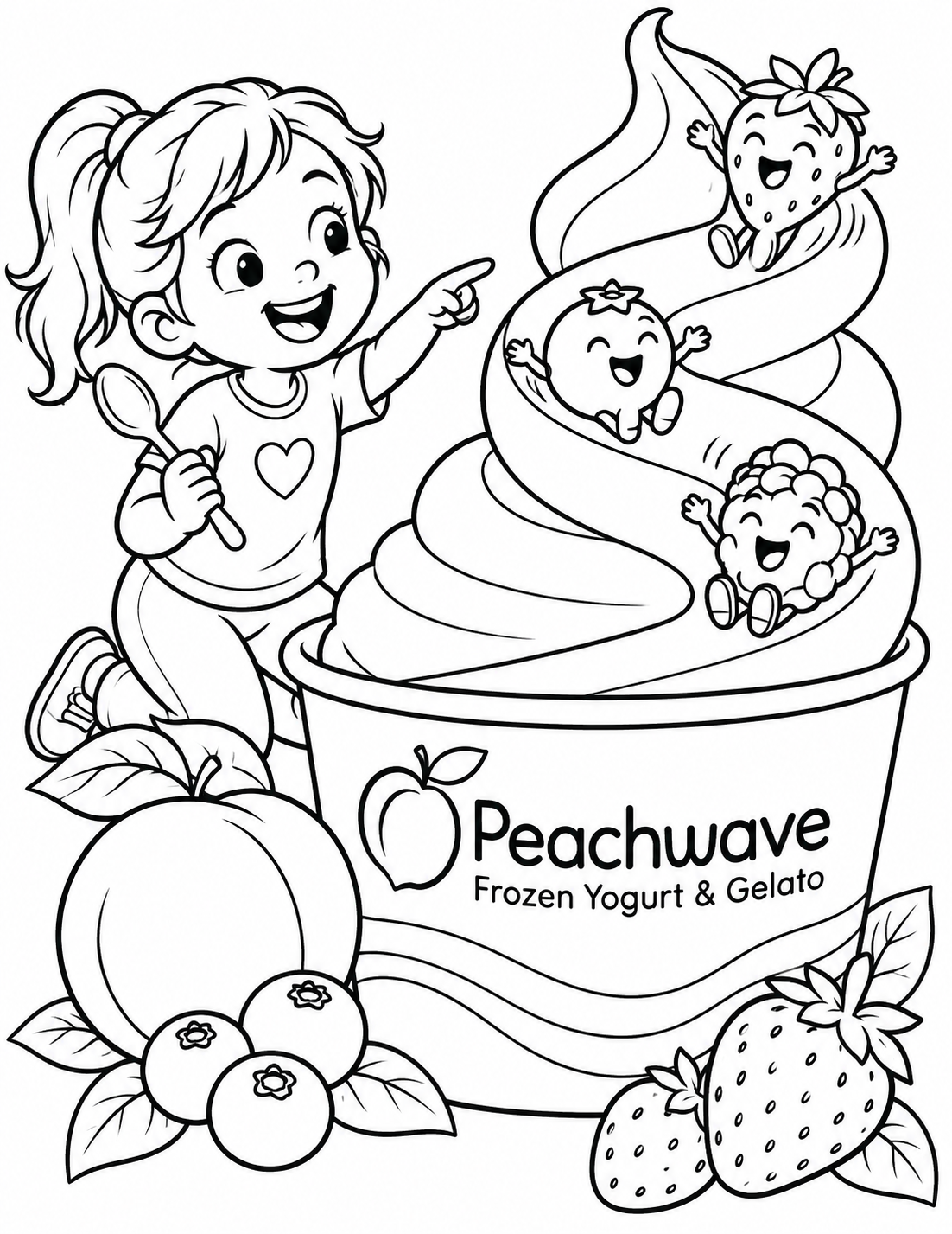 A single frozen-yogurt swirl becomes a smooth spiral slide as three tiny berry characters zip around its curve, while a child points toward the next turn with a spoon.