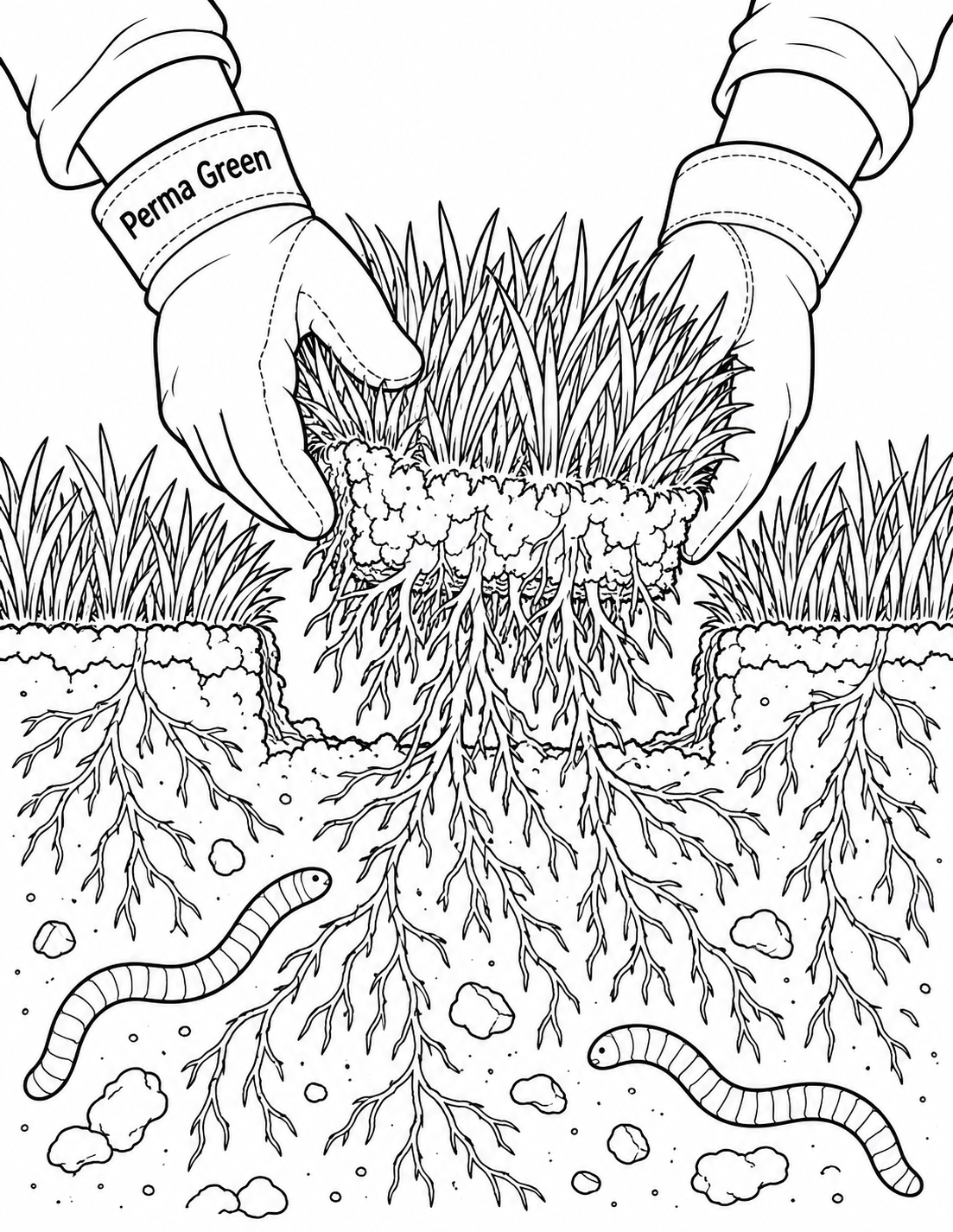 Gloved hands lift a tuft of grass above an imaginary soil cutaway, revealing branching roots and two earthworms.