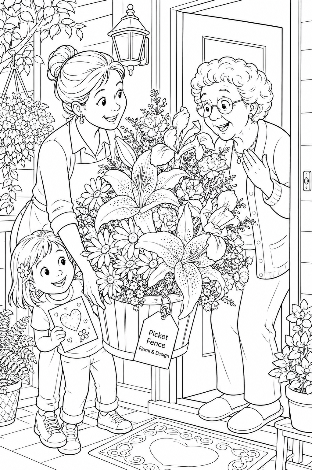 A child brings a heart card while a grown-up carries a flower-filled bucket to a smiling recipient.
