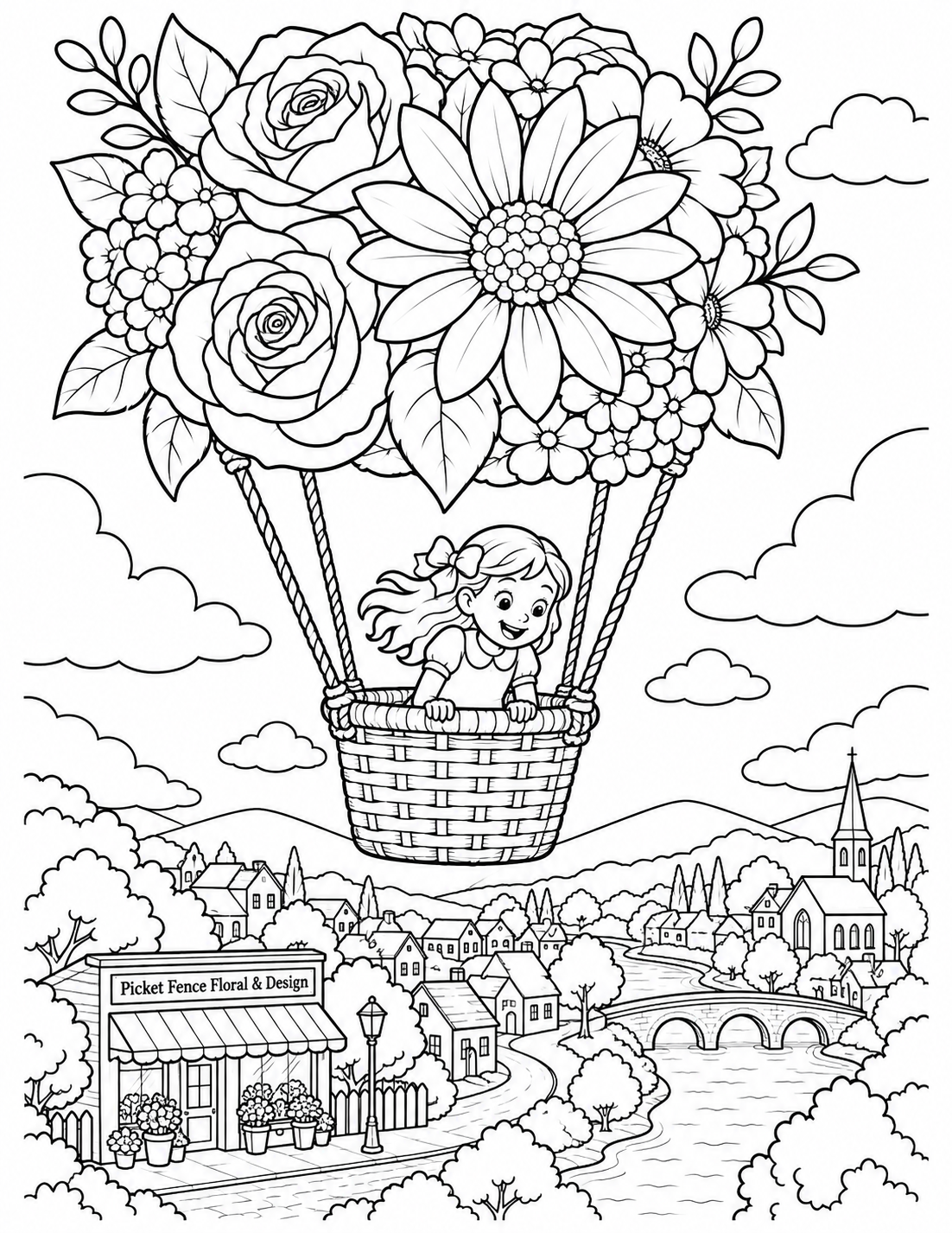 One rounded gift bouquet becomes the flower canopy of a whimsical hot-air balloon, carrying one delighted child in a small woven gift basket above a simple town skyline.