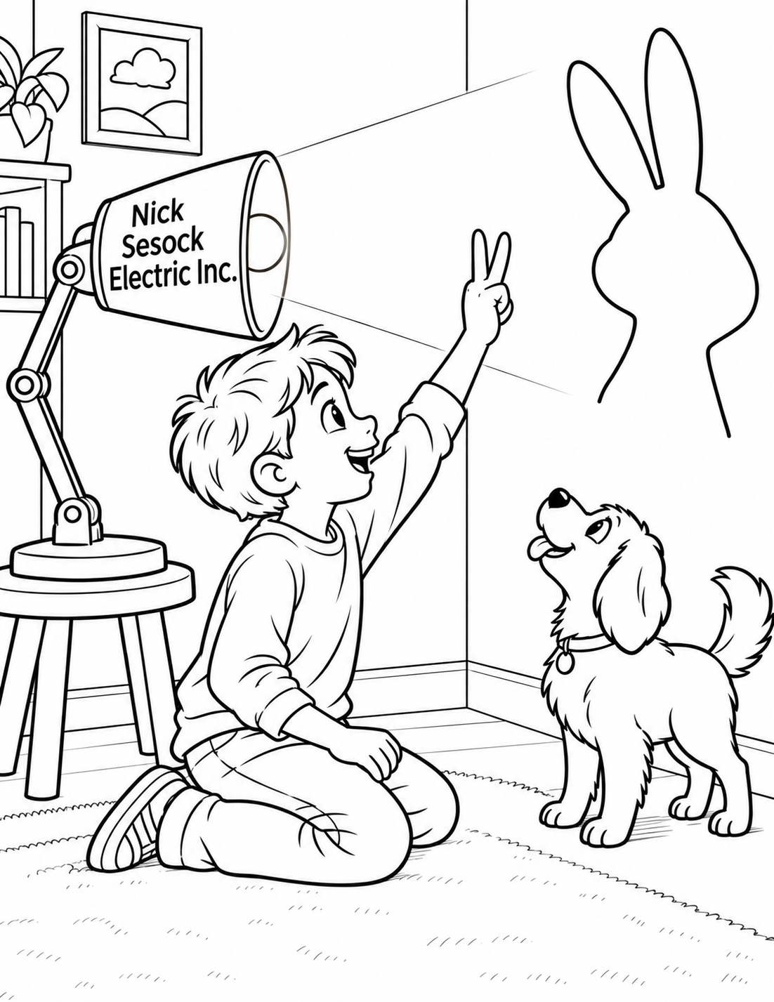 Draw a playful home-lighting scene at the kneeling child’s eye level, viewed from the side so the light path is easy to understand. At the left foreground, a broad adjustable desk lamp rests securely on a low plain stool. Its connected neck bends toward a large smooth conical shade whose open mouth and one simple bulb point RIGHT and slightly upward toward a plain wall. A delighted school-age child kneels in the middle facing right, with a clear smiling profile. The child extends ONE hand between the bulb and the wall, forward and above the forehead, with the palm higher than the whole head so the head stays below the light path. The back of that hand faces the bulb, palm faces the wall; index and middle fingers extend upward as two rabbit ears, ring and little fingers fold into the palm, and the thumb folds across them. The free hand rests on a bent knee. Place the wall to the right of the raised hand and the lamp behind it to the left: bulb, hand and wall silhouette share one coherent left-to-right light axis. On the upper-right wall draw a much larger open-outline silhouette matching that hand: two long finger-shaped ears, one rounded palm-shaped rabbit head and a short wrist taper below. It has no eyes, mouth, fur, feet or separate animal body. Keep its inside white and colorable, with a single clean outline rather than a black or gray shadow mass. Two faint simple boundary lines from the lamp mouth may clarify the spread of light without crossing faces or lettering. A small friendly dog stands on the floor near the wall, head cocked upward toward the enormous rabbit shape, giving a funny contrast with the delighted child. Keep lamp, full hand, child’s head and bent seated pose, complete dog and whole wall silhouette readable. Use only a floor-to-wall line and sparse room contours. Put the exact name "Nick Sesock Electric Inc." in readable open letters across the broad closed SIDE PANEL of the lamp shade, in three short lines; keep the shade opening clear. No firefly, electrician costume, bulb-carrying mascot, exposed wiring, electrical repair, extra shadows or random sign plaque.