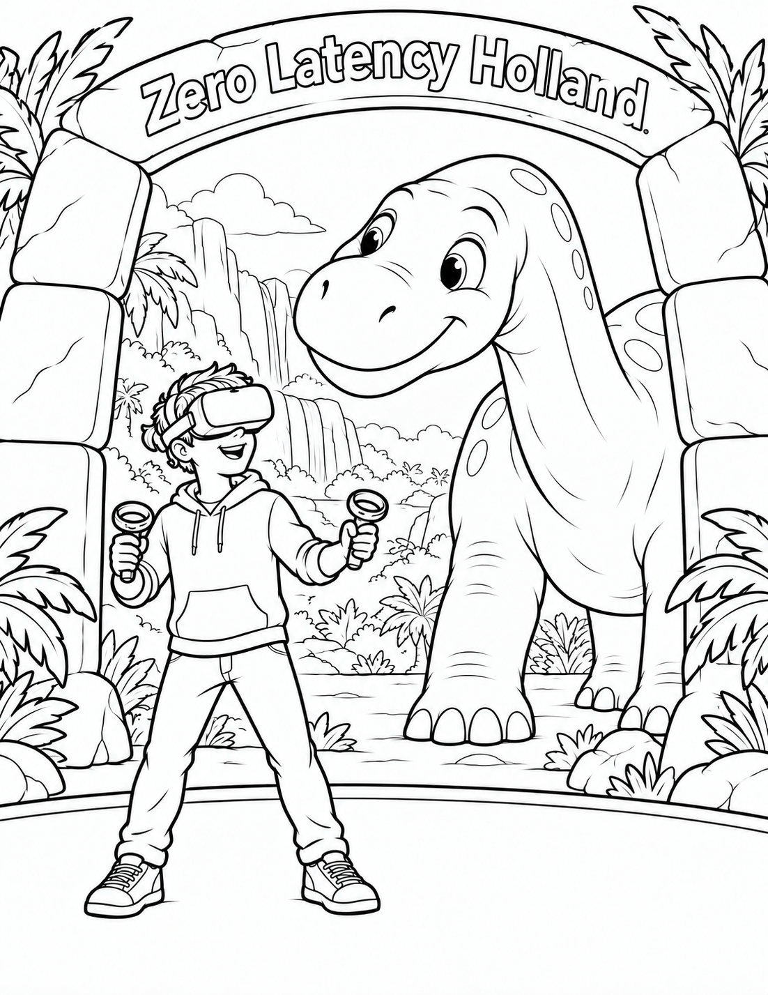 Edit the attached exact rejected VR coloring page as a focused anatomy correction. Preserve its appealing headset teenager at lower left, delighted smile, both grounded shoes and two continuous controller grips. Preserve the stone portal’s overall placement, the readable exact name "Zero Latency Holland", virtual-ground boundary, and the giant friendly dinosaur encounter at right. Do not replace the scene, alter the business name or add a second creature.
Replace the dinosaur with a simple smooth-backed long-neck sauropod. REMOVE every stegosaurus plate, spike, horn and armored ridge from the head, neck and back. Draw one continuous smooth arcing neck connecting the smiling head in the existing right-hand encounter position to a broad rounded torso farther back inside the portal. Let the neck dip gently down and forward toward the teen, with a clear upper and lower contour reaching the shoulder; do not leave a detached head or a short chunky neck. The friendly broad muzzle and large expressive eye retain the original warmth. Enlarge the face through close perspective and storybook drawing, while the farther-back torso remains visibly more substantial than the anatomical head. Draw the two perspective-visible pillar-like front legs descending from the torso and planted on the virtual ground behind the boundary. Naturally occluded rear limbs, hindquarters or the tapering tail may disappear behind the right arch; do not force all four legs into view. No extra limb may grow from the neck or muzzle. Keep the smooth forehead, connected neck and clear shoulder as the main anatomy cues.
Retain the original’s clean contour style, broad colorable white dinosaur and clothing regions, inviting giant-face composition and lightly drawn jungle context. Simplify small dinosaur markings to a few large outlines if necessary. Keep readable open business lettering and the teen’s original hand/headset relationships. No plate-like decoration anywhere, new game logo, aggressive teeth, guns or extra text. The attached original is the sole generation input; the separately viewed whale benchmark supplies an appeal comparison only.