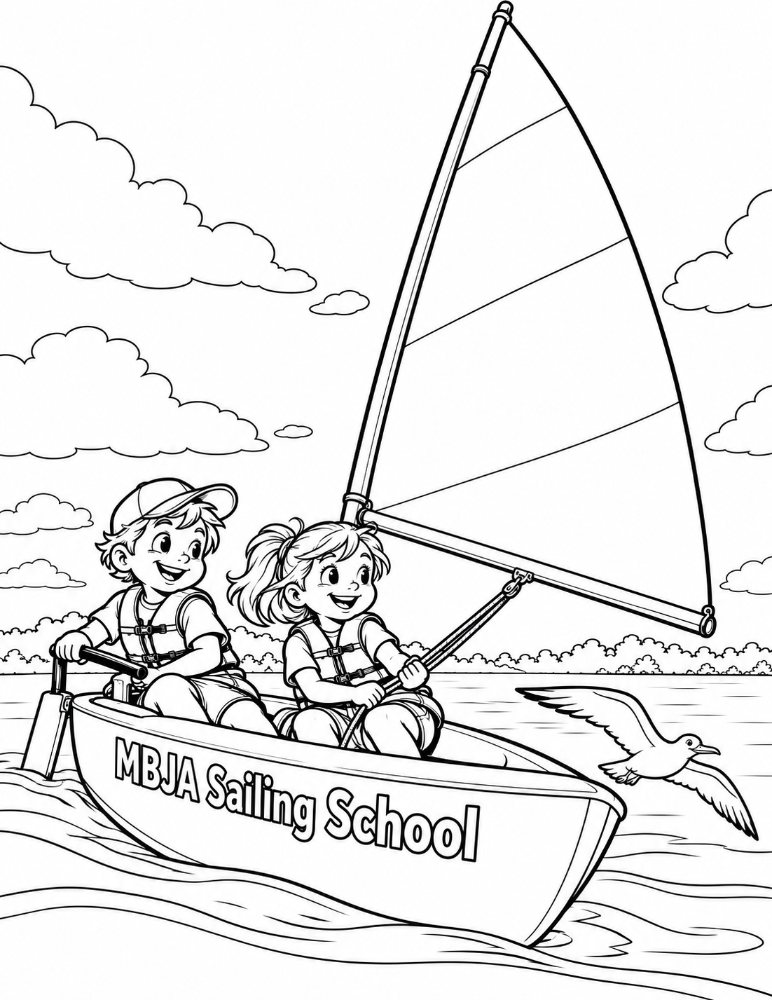 From a low three-quarter viewpoint just ahead of the bow show a small single-sail training dinghy gliding on calm water. Its whole broad curved hull remains on the page. Two young sailors wear properly fitted life jackets and sit securely inside near the stern, sharing delighted concentrated smiles as wind fills the huge mainsail. One steers with a clearly attached tiller at the stern; the other holds the mainsheet leading visibly to a simple boom fitting. Draw exactly one straight mast stepped through the forward cockpit. The single mainsail has exactly three corners: its head at mast top, its tack low on mast, and its clew at the aft end of the boom. Its luff follows the mast; its broad foot runs aft along one boom attached to the mast at the tack; its leech joins clew to head with one gentle outward curve. There is no diagonal top spar, extra jib, fourth sail corner or boom projecting toward the bow. Keep generous white sail panels. The stern rudder connects visibly to the helm's tiller. Keep boom above seated heads and sail outside their faces. A single gull with broad open wings skims beside the near bow, its gentle tilt echoing the sailors. Three smooth water curves only, no spray or storm. Put exact business lettering on the broad near hull. No other vessels, sails, ropes maze, giant sea animal or real boat branding. Keep mast top, sail, hull and all people fully visible.