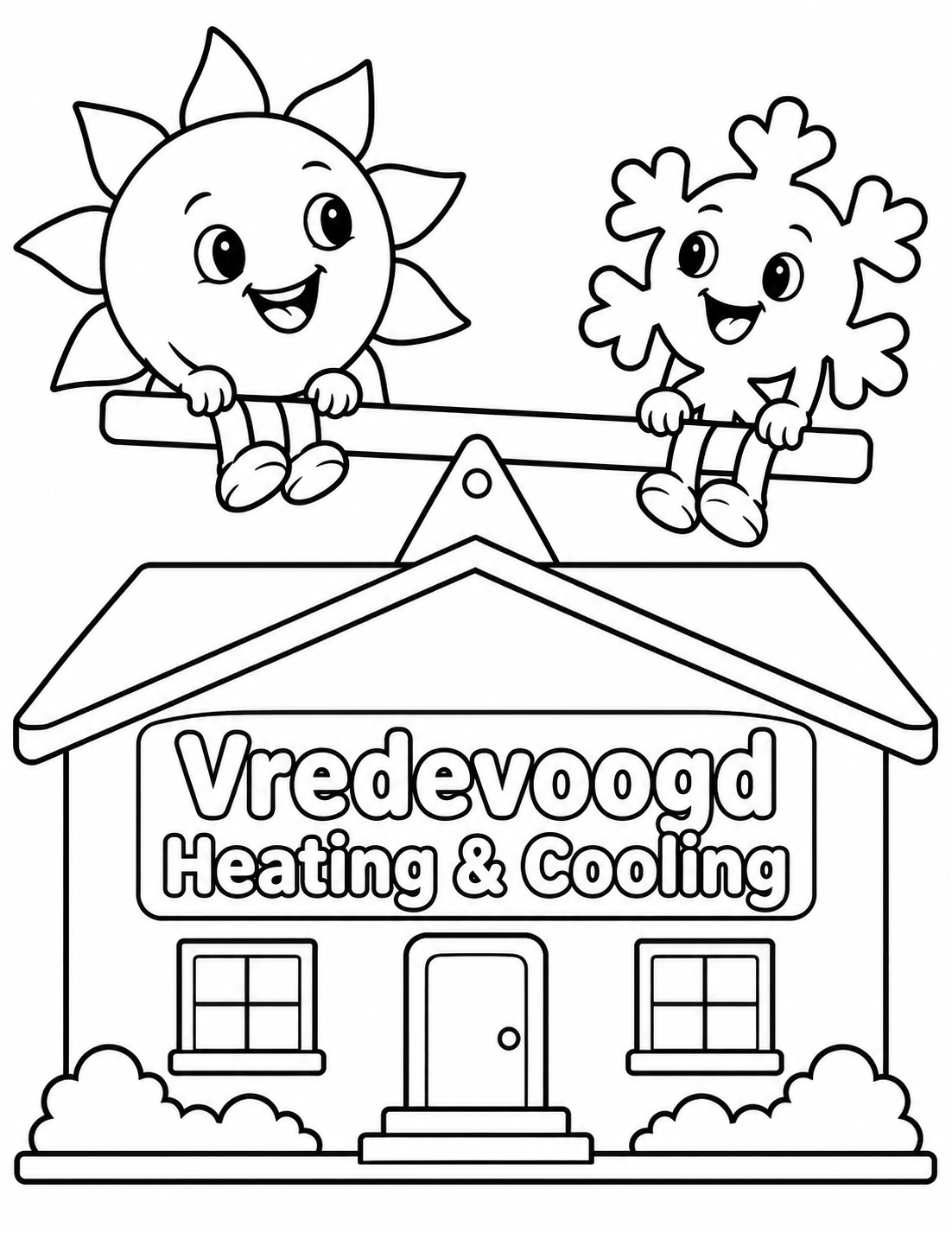 Draw a joyful storybook balance of warmth and coolness. A large round sun character with eight broad rays sits on the left end of a sturdy level seesaw; a rounded six-armed snowflake character sits on the right. Both have delighted faces, simple little hands gripping beam edge and short dangling feet, looking kindly toward each other. The broad seesaw beam rests visibly on a triangular fulcrum mounted securely at the ridge of a broad simple house, all one coherent imagined structure. House has one door, two windows and great smooth roof; exact business lettering belongs on its wide wall panel. No thermostat numbers, airflow ribbons, ducts, wind toys or workers. White background; complete sun, snowflake, beam and house with generous unfilled areas.